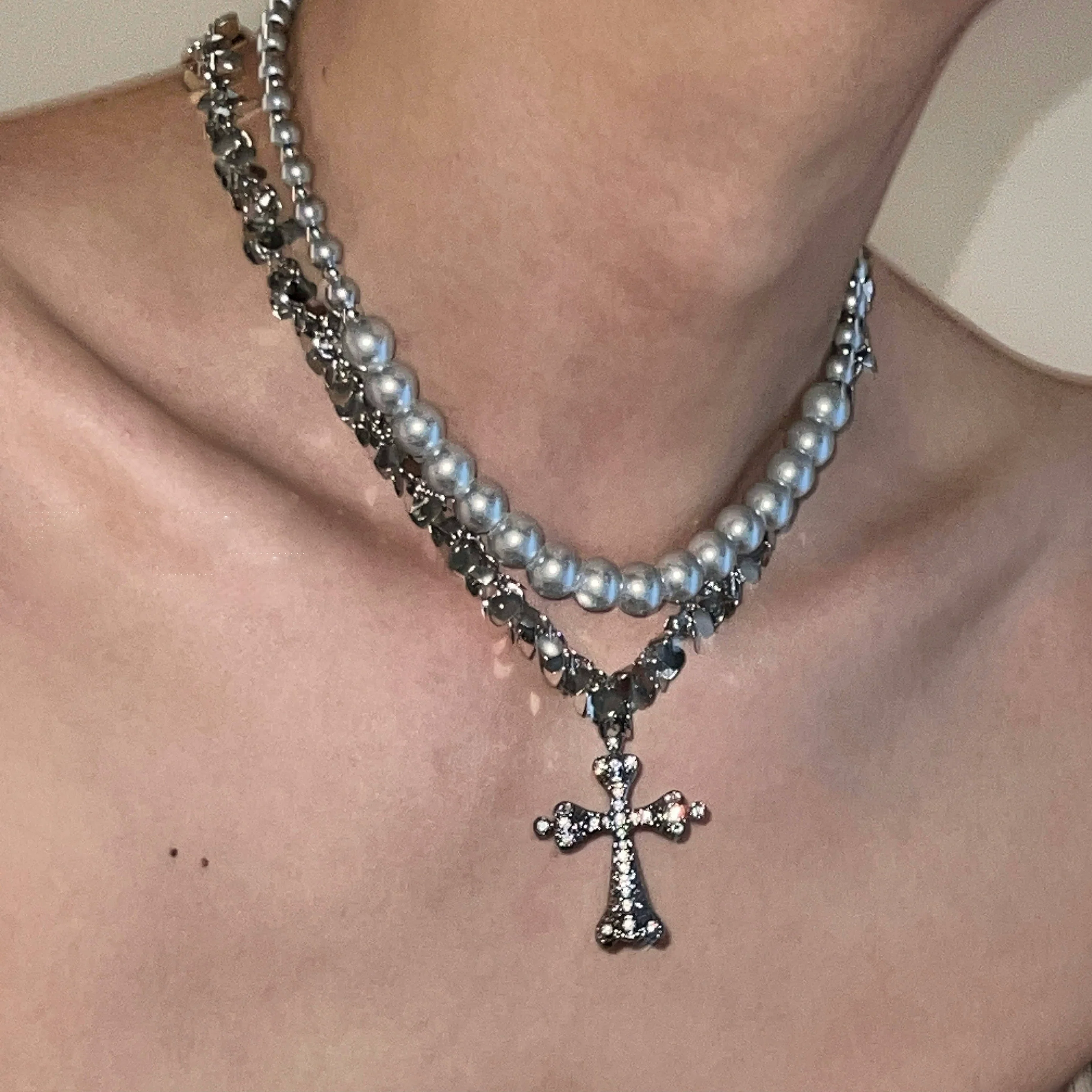 Layered Pearl Silver Cross Necklace