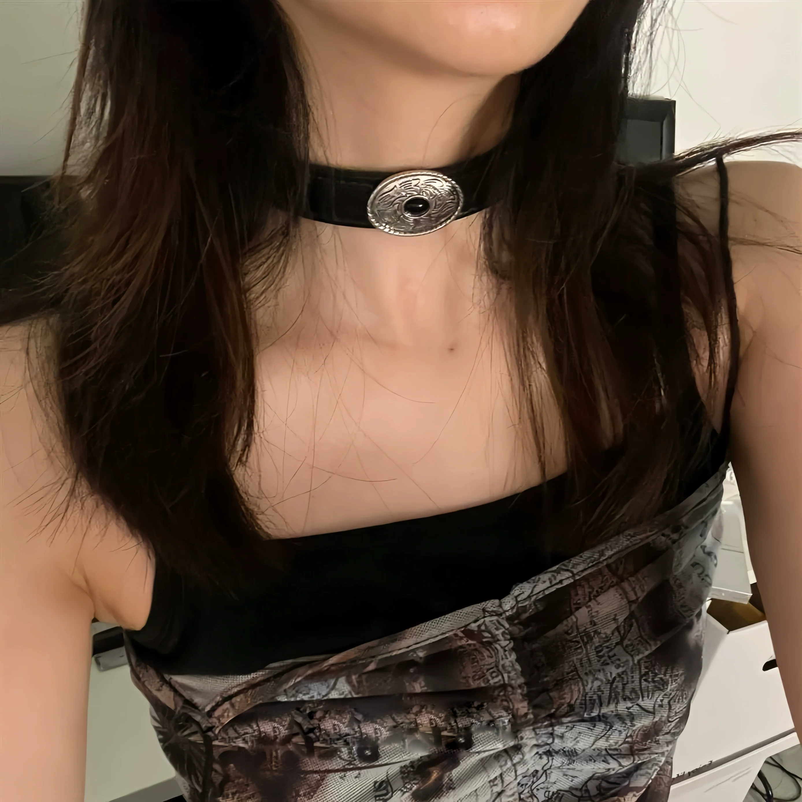 Vintage Leather Metal Totem Choker