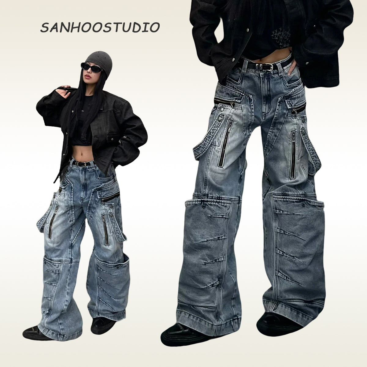 These heavy-duty cargo pants from Sanhoostudio combine deconstructed patchwork with multi-pocket functionality, delivering rugged streetwear style in a wide-leg floor-length cut. A bold fashion-forward piece.