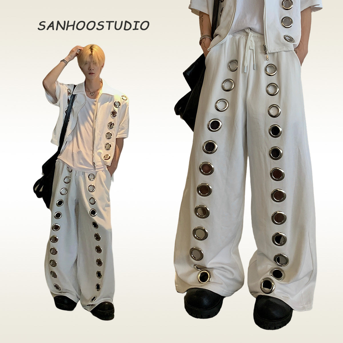 The Sanhoostudio two-piece set combines a cropped hoodie with metal ring hollow details and a matching bottom for a coordinated high street look. With its relaxed fit and edgy design, this set delivers both comfort and standout individuality for streetwear enthusiasts.