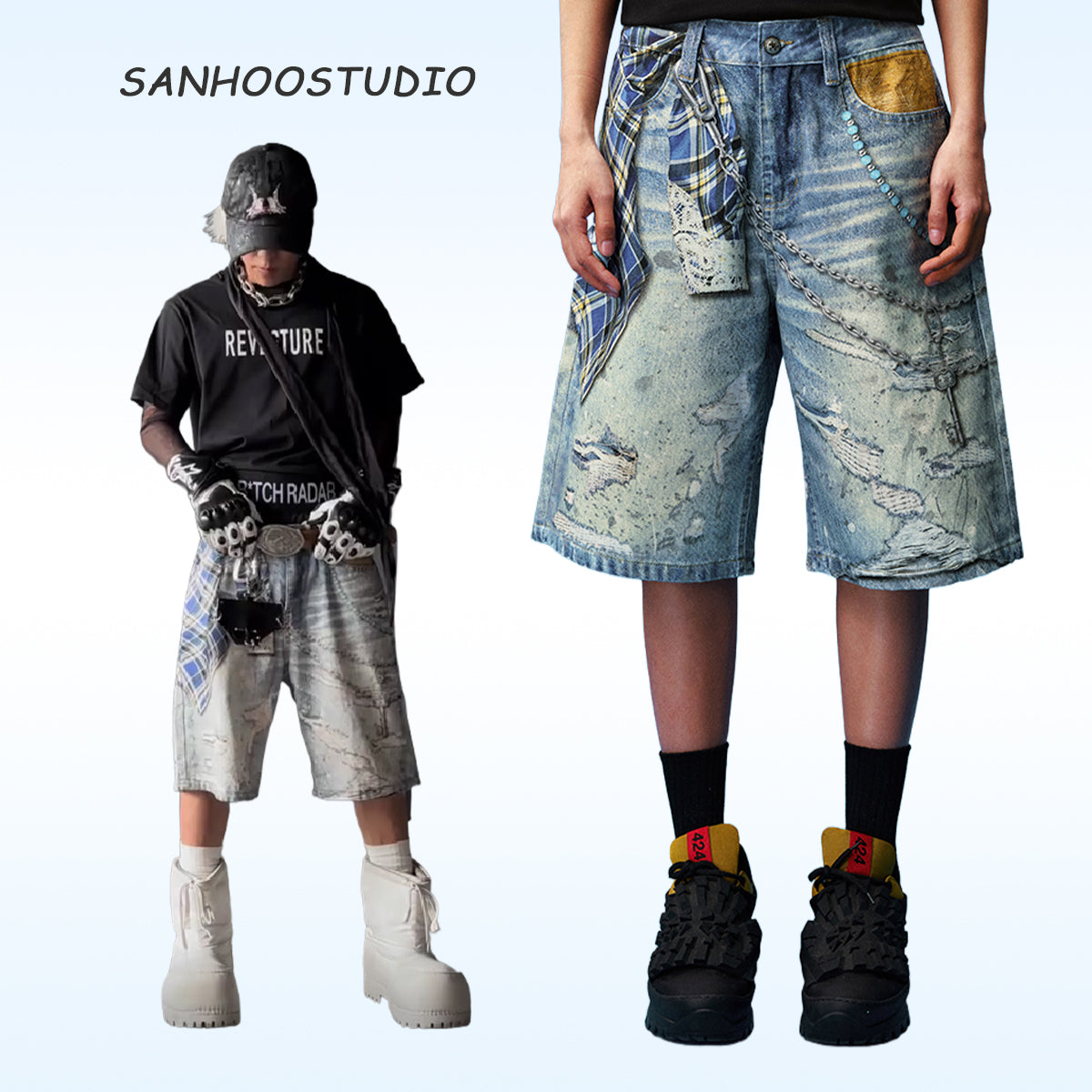 These Sanhoostudio denim shorts feature plaid-inspired patterns with chain print accents, merging casual denim with bold graphic expression. With a relaxed oversized fit, they’re ideal for layering into creative high street looks.