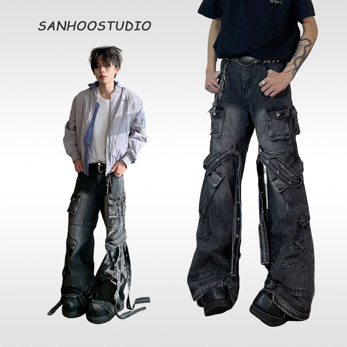Sanhoostudio brings punk aesthetics to life with these multi-pocket denim cargo pants. Featuring deconstructed details and a wide-leg cut, they deliver high-street edge and urban functionality.