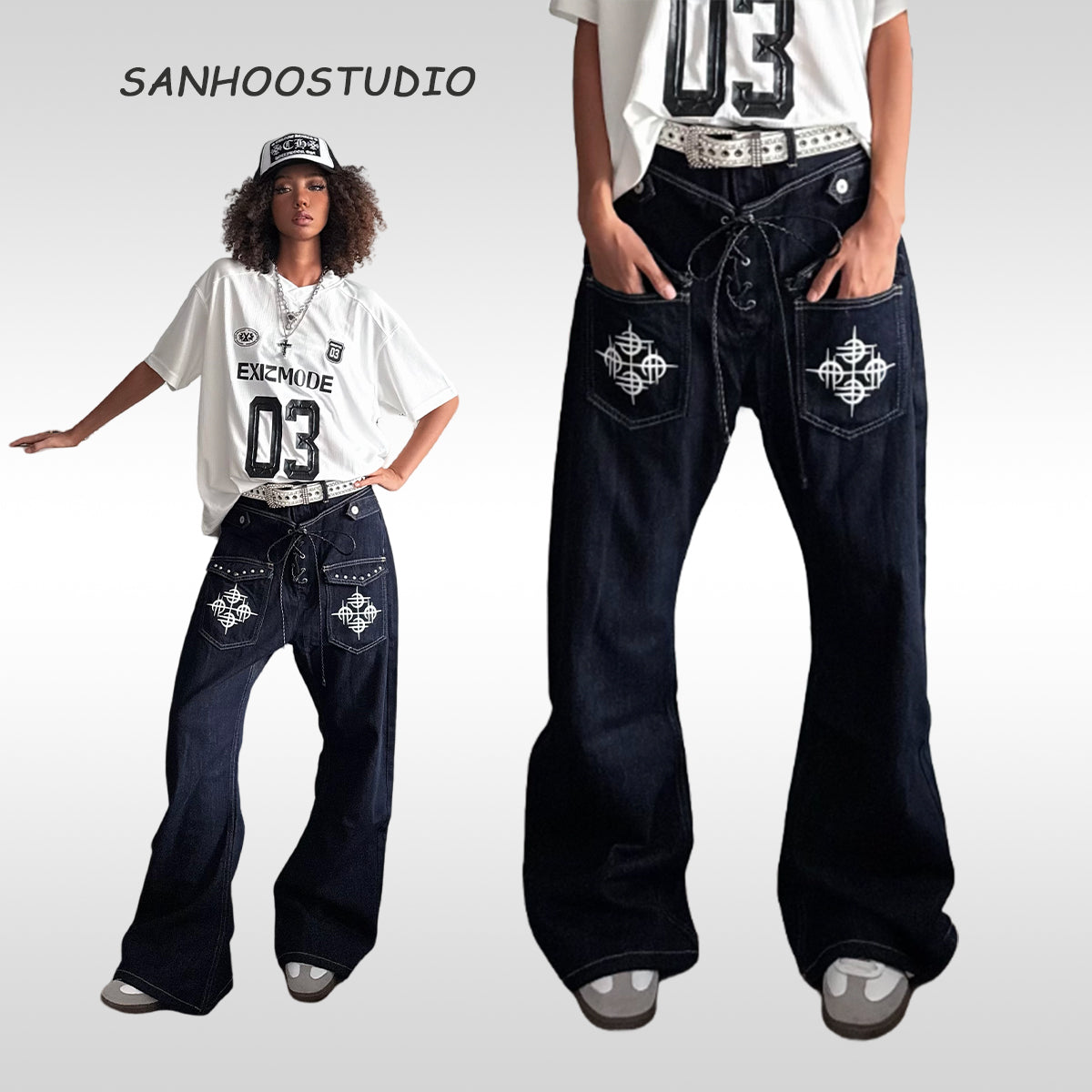 The Sanhoostudio double-waist jeans showcase a unique studded drawstring design with blade-cut legs. Their deconstructed silhouette and washed finish bring punk-inspired energy to everyday streetwear styling, making them a bold wardrobe choice.