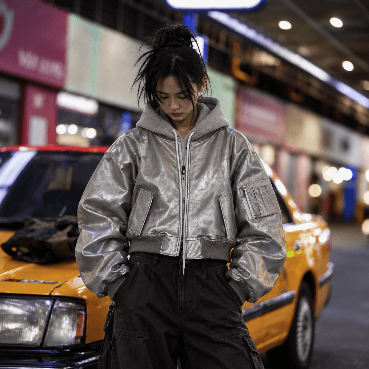 Sanhoostudio PU leather jacket featuring a layered two-piece effect, padded construction, and a relaxed oversized silhouette. Designed for colder-season streetwear styling with comfortable warmth, bold proportions, and versatile layering for contemporary urban outfits.