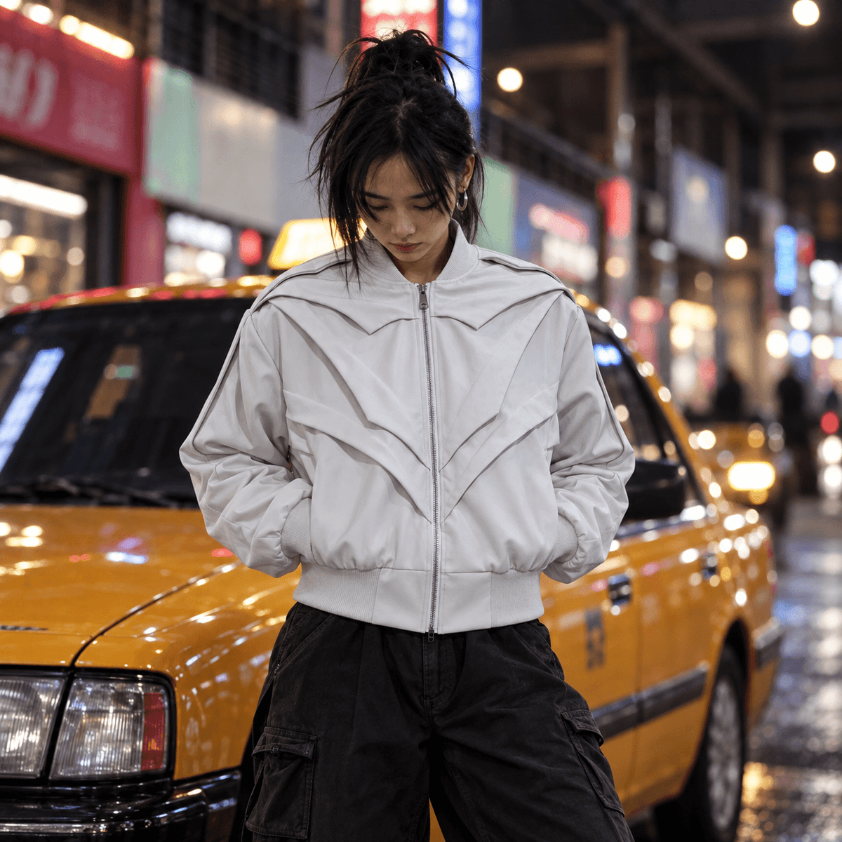 Sanhoostudio PU leather jacket featuring layered multi-panel construction, a sculptural silhouette, and a cropped fit. Designed for statement streetwear styling with dimensional structure, bold visual texture, and a distinctive contemporary motorcycle-inspired aesthetic.