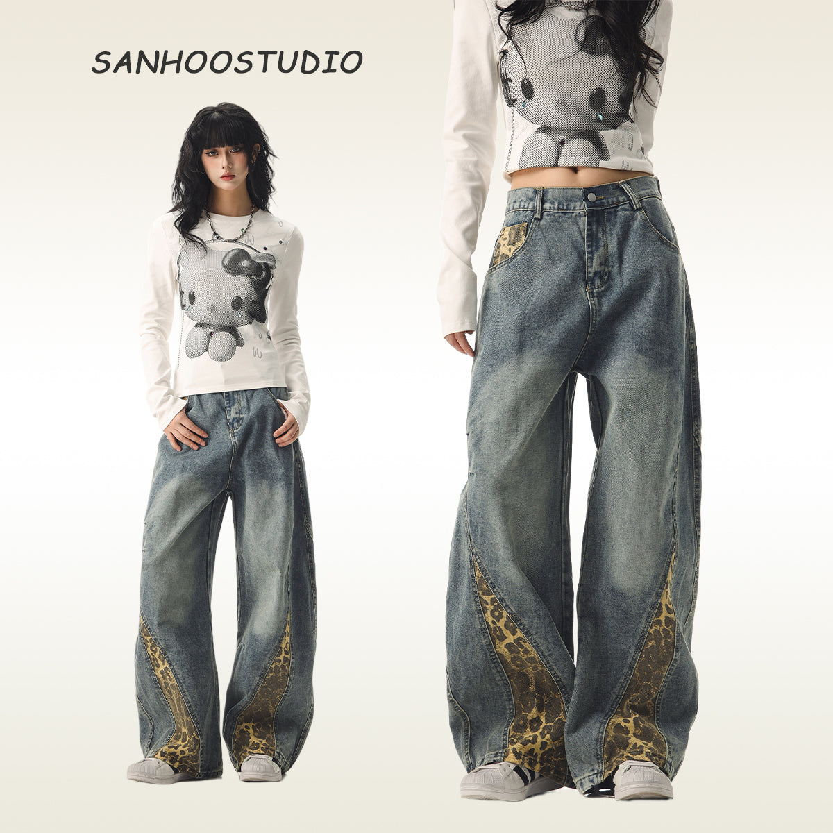 Vintage Leopard Print Washed Loose Jeans