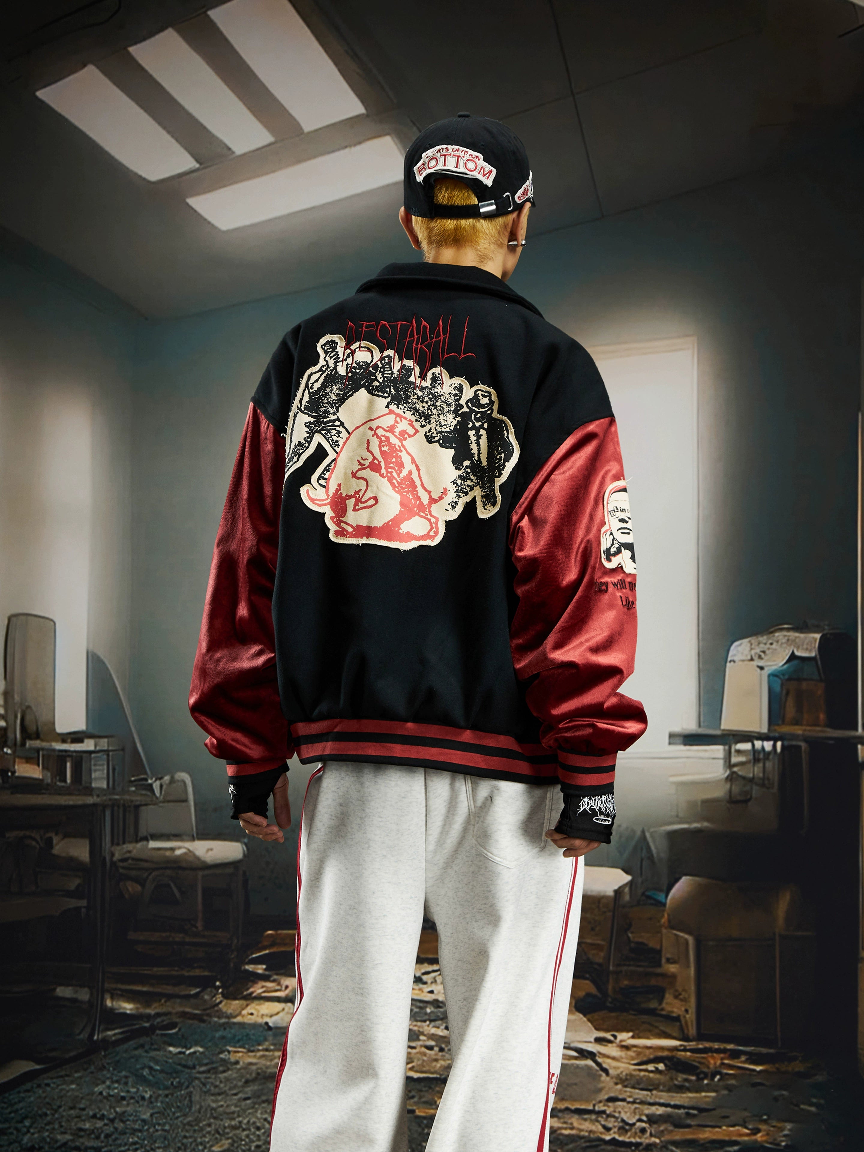 Red and Black Patchwork Vintage Varsity Jacket