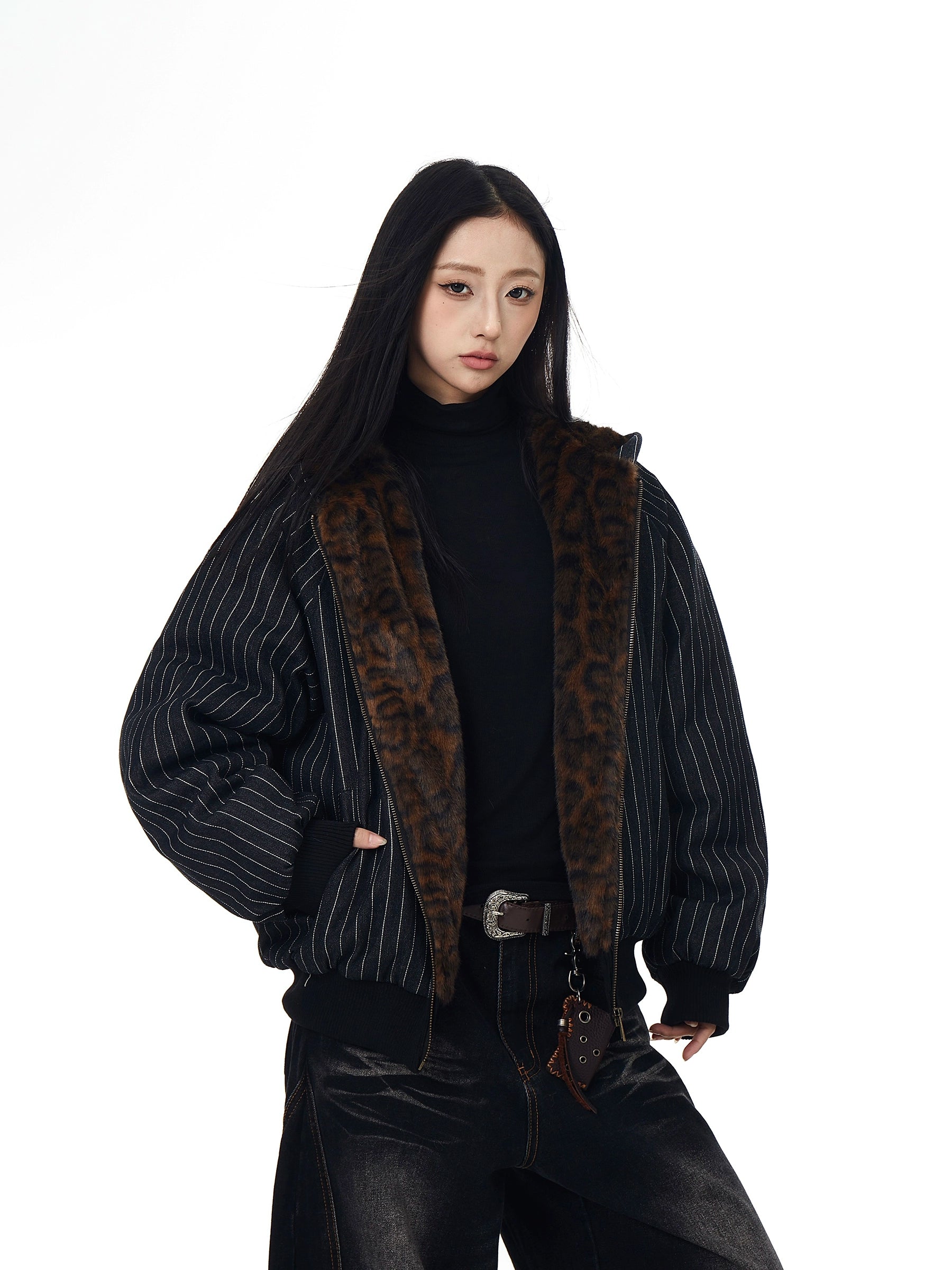 Leopard Plush Striped Spliced Hooded Puffer Coat