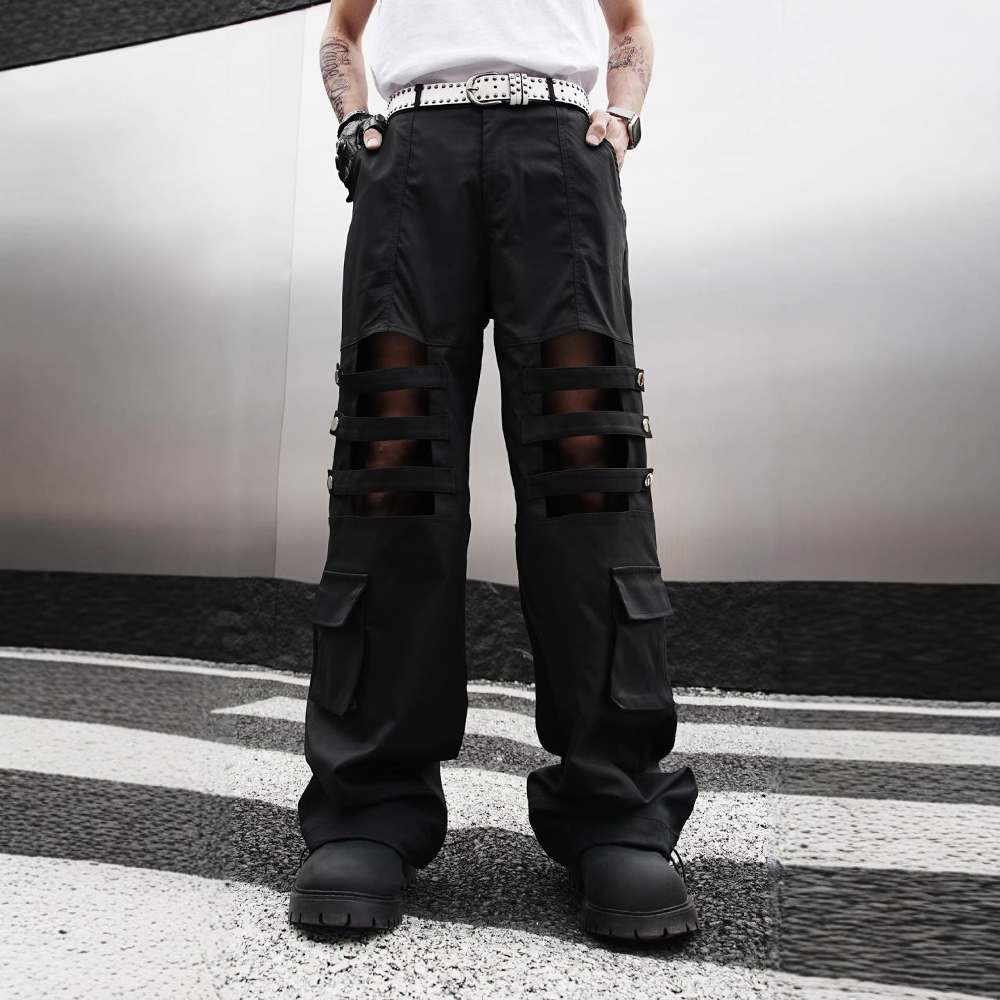 Dark Strap-Studded Punk Straight Cargo Pants