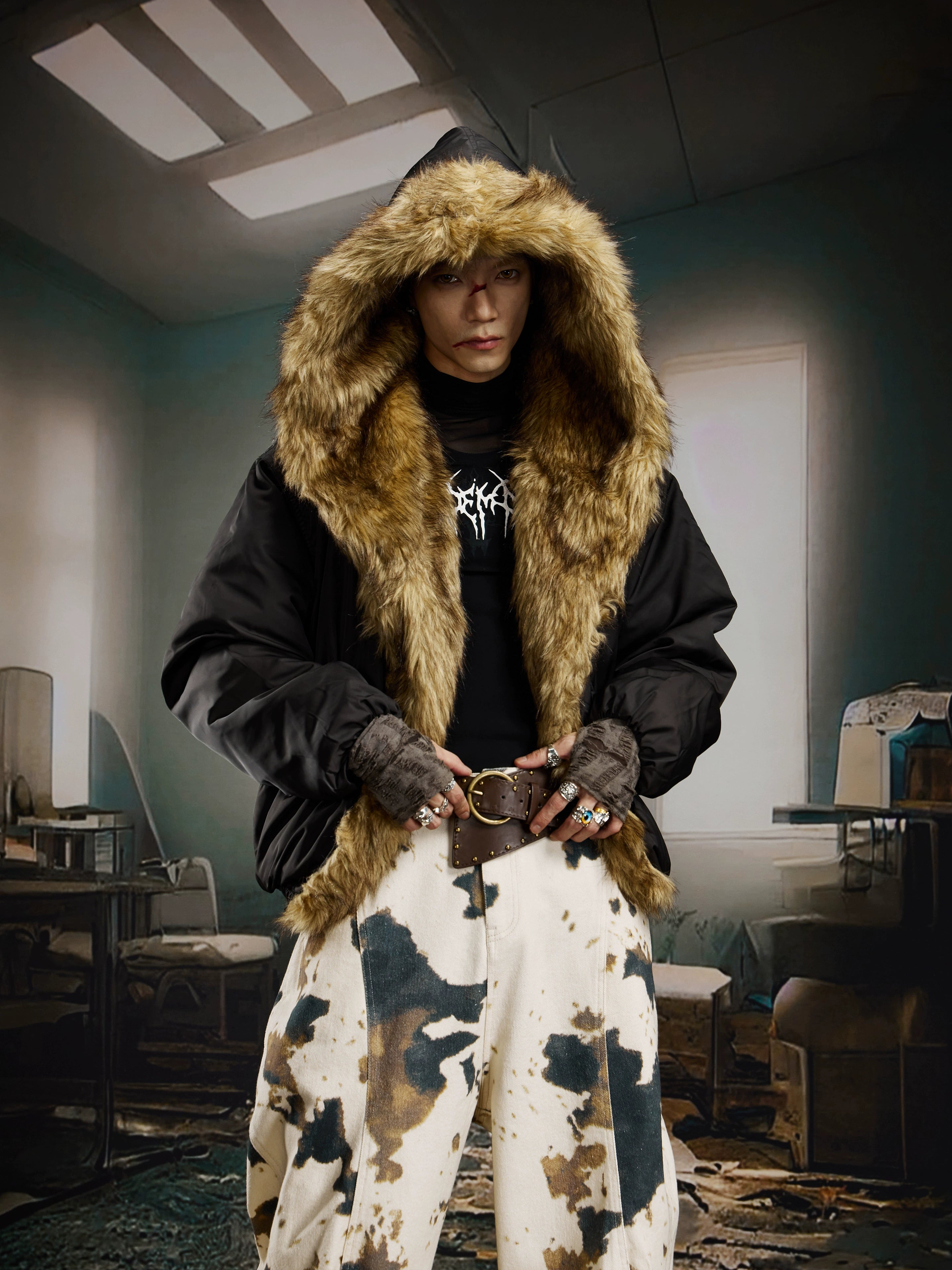 Oversized Fur-Trim Hooded Puffer Coat with Patchwork Design