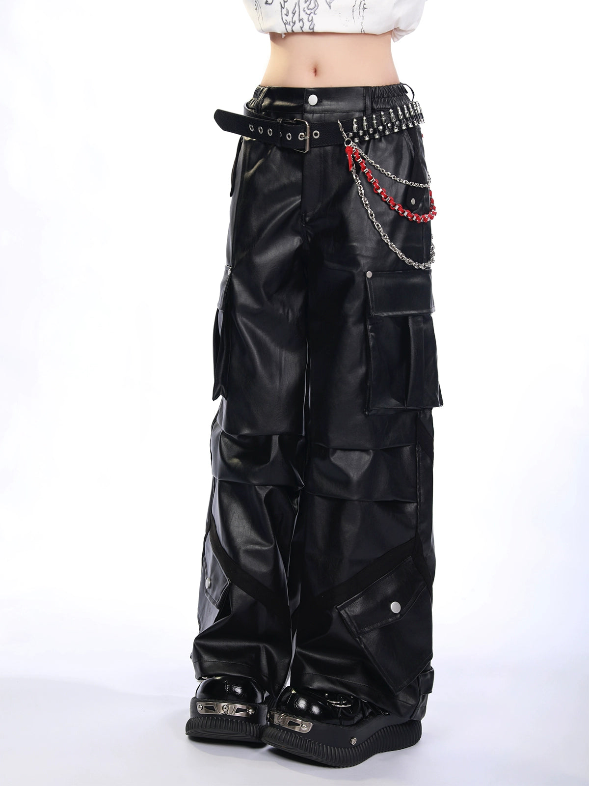 【25s Sep.】Vintage Multi-Pocket Glossy Leather Cargo Pants