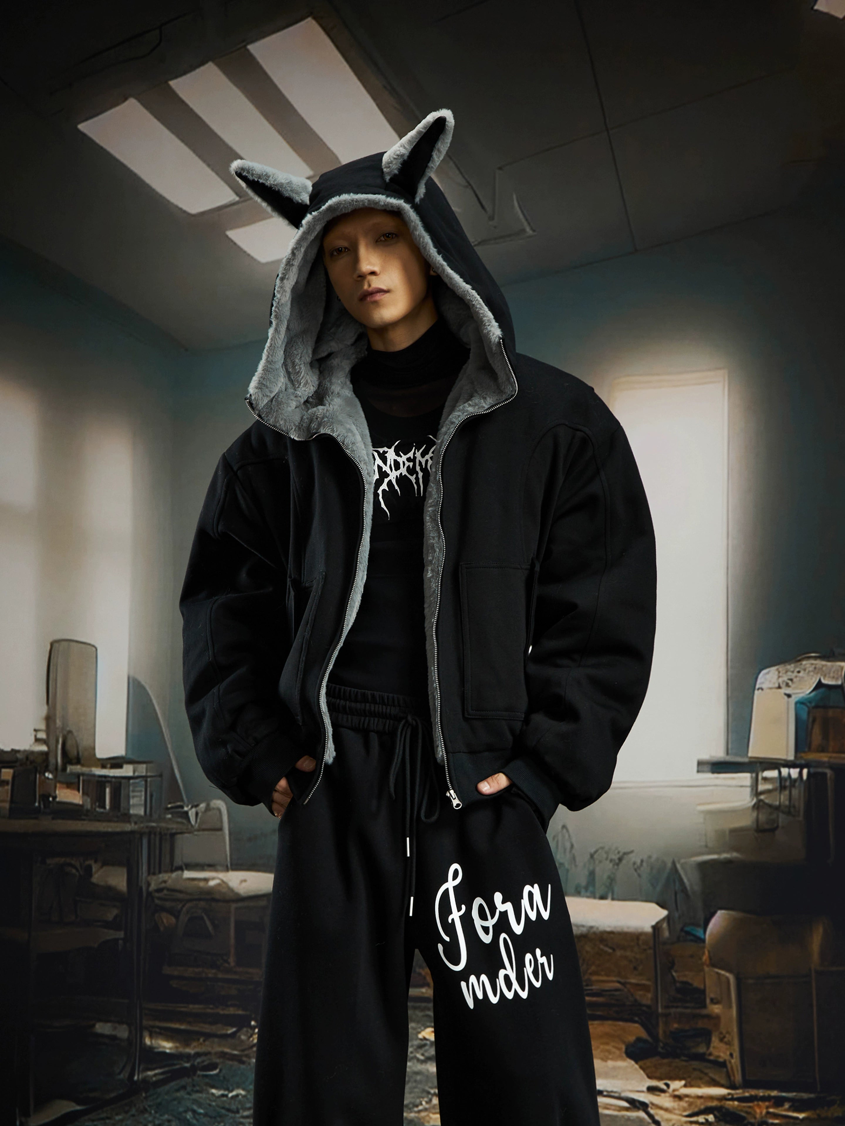 Vintage Bunny-Ear Hooded Sweatshirt Puffer Jacket