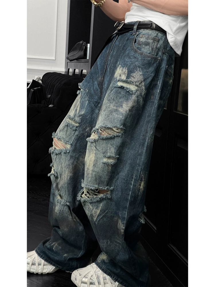 Distressed Washed Wide-Leg Denim Trousers