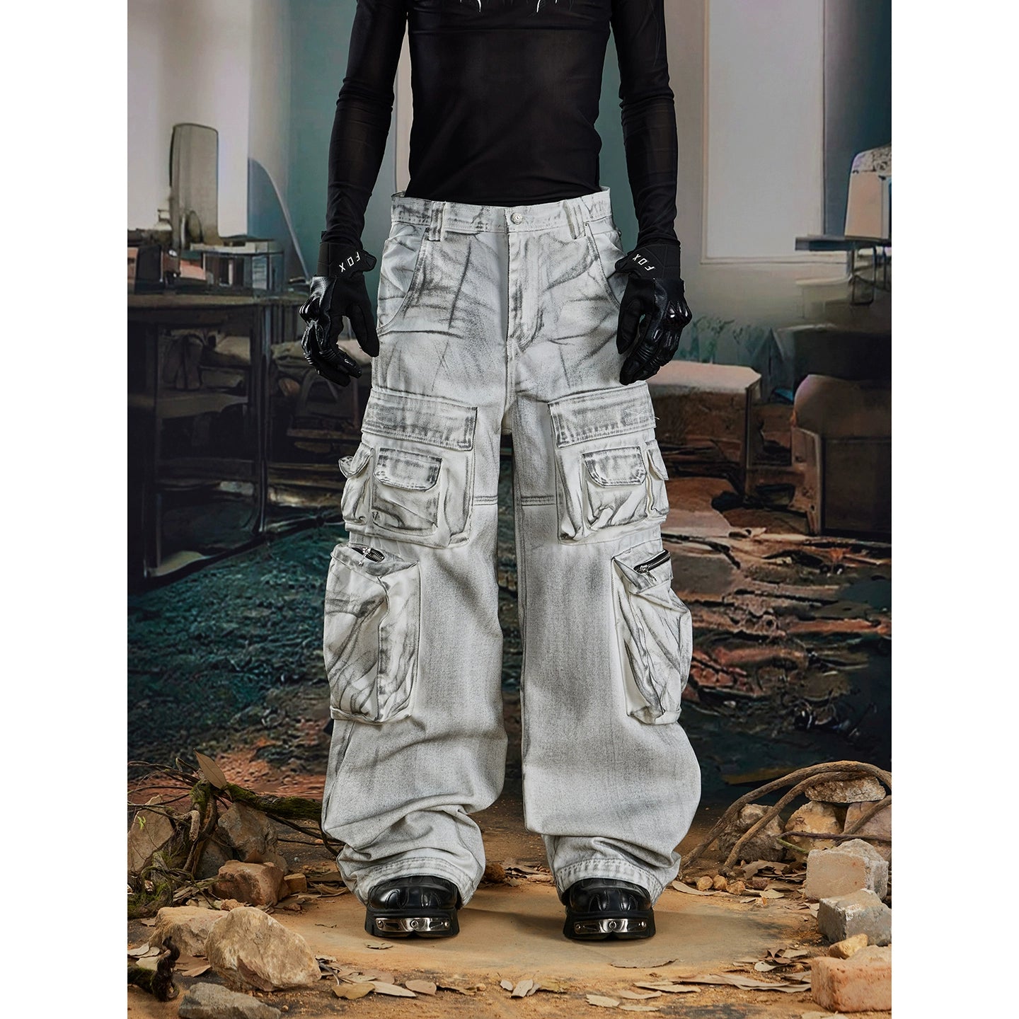 Tactical Multi-Pocket Washed Utility Denim Trousers