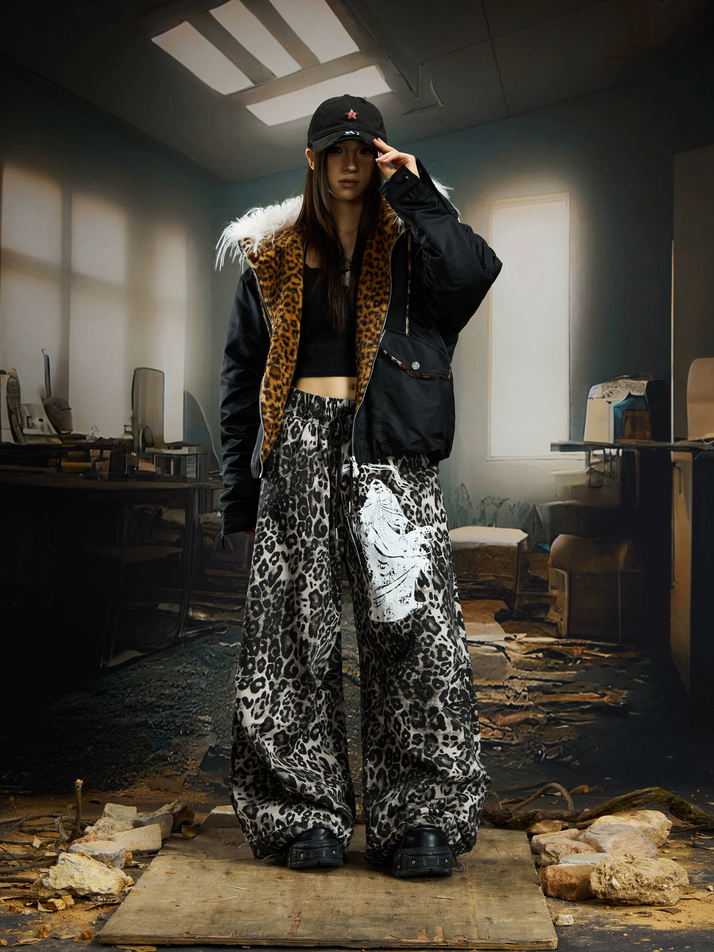 A bold leopard patchwork hooded puffer with long-fur panels and warm thick padding. Designed by Sanhoostudio for high-impact winter streetwear.