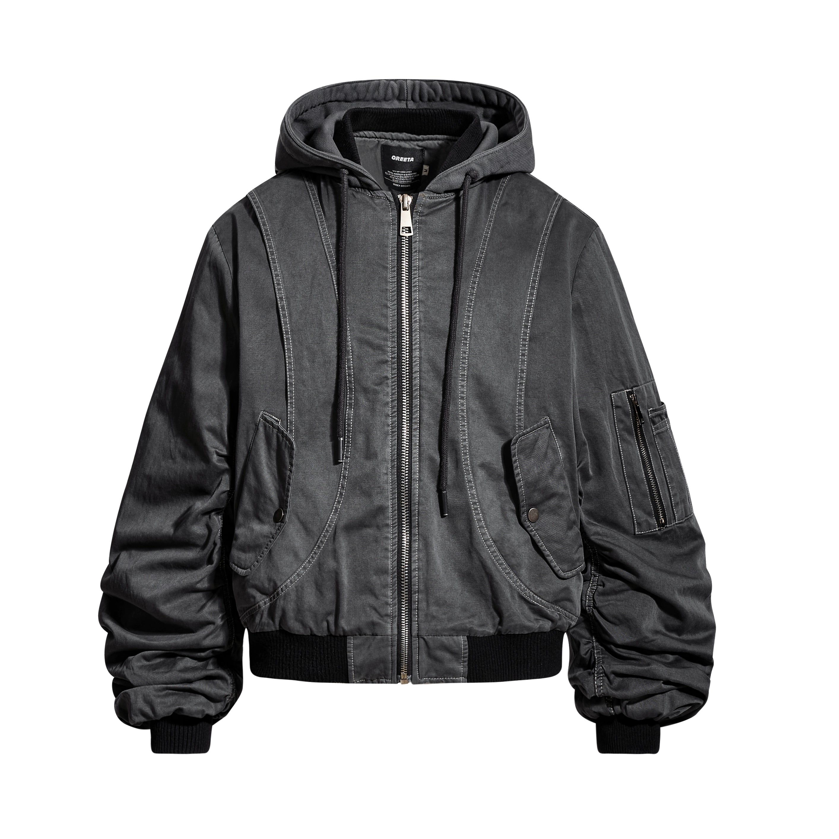A versatile deconstructed utility puffer jacket with a hooded zip design, warm padding, and a relaxed cropped fit. Crafted by Sanhoostudio for a bold streetwear winter look.