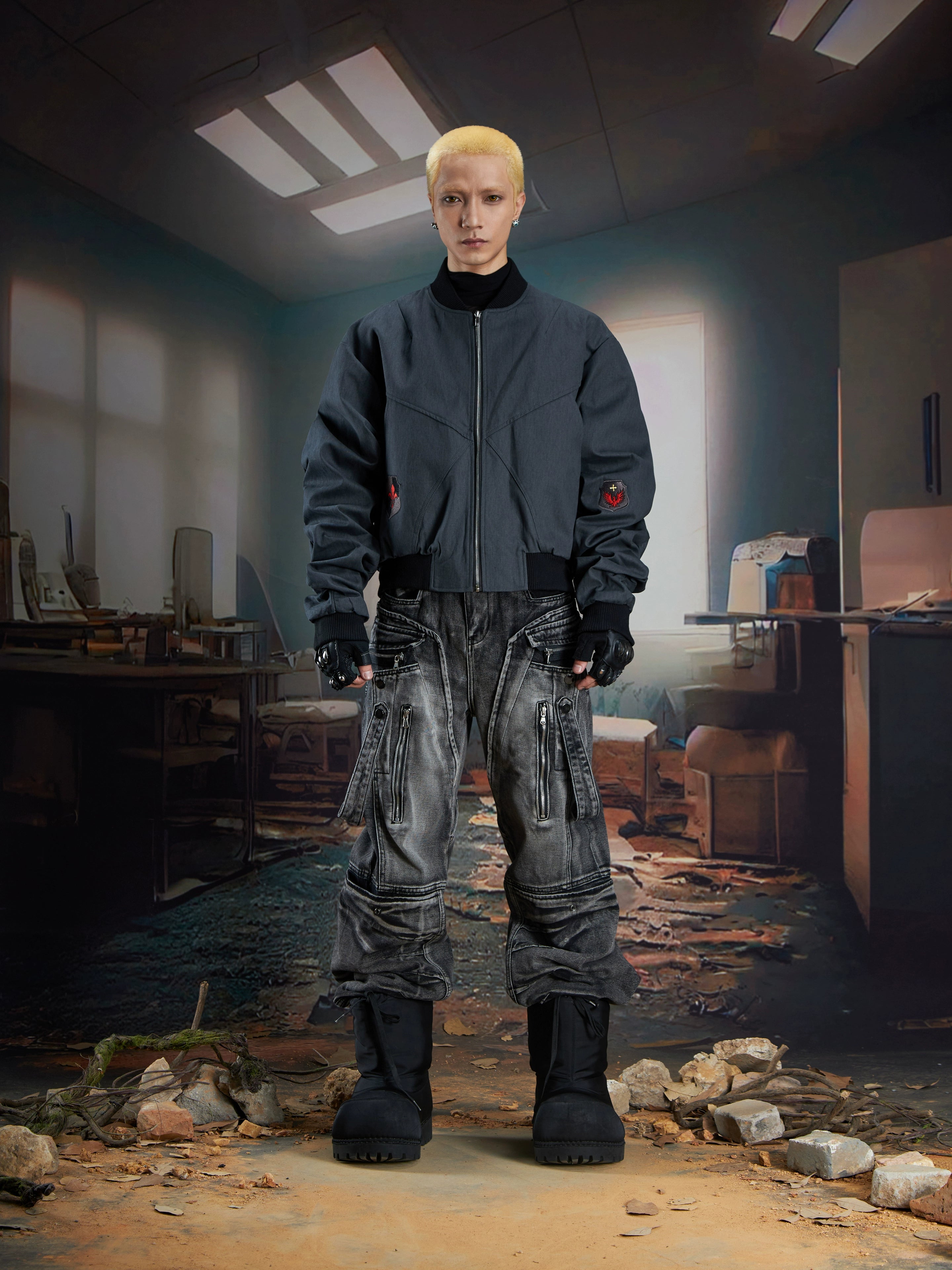 Embroidered Textured Short Zip-Up Jacket with Gathered Sleeves