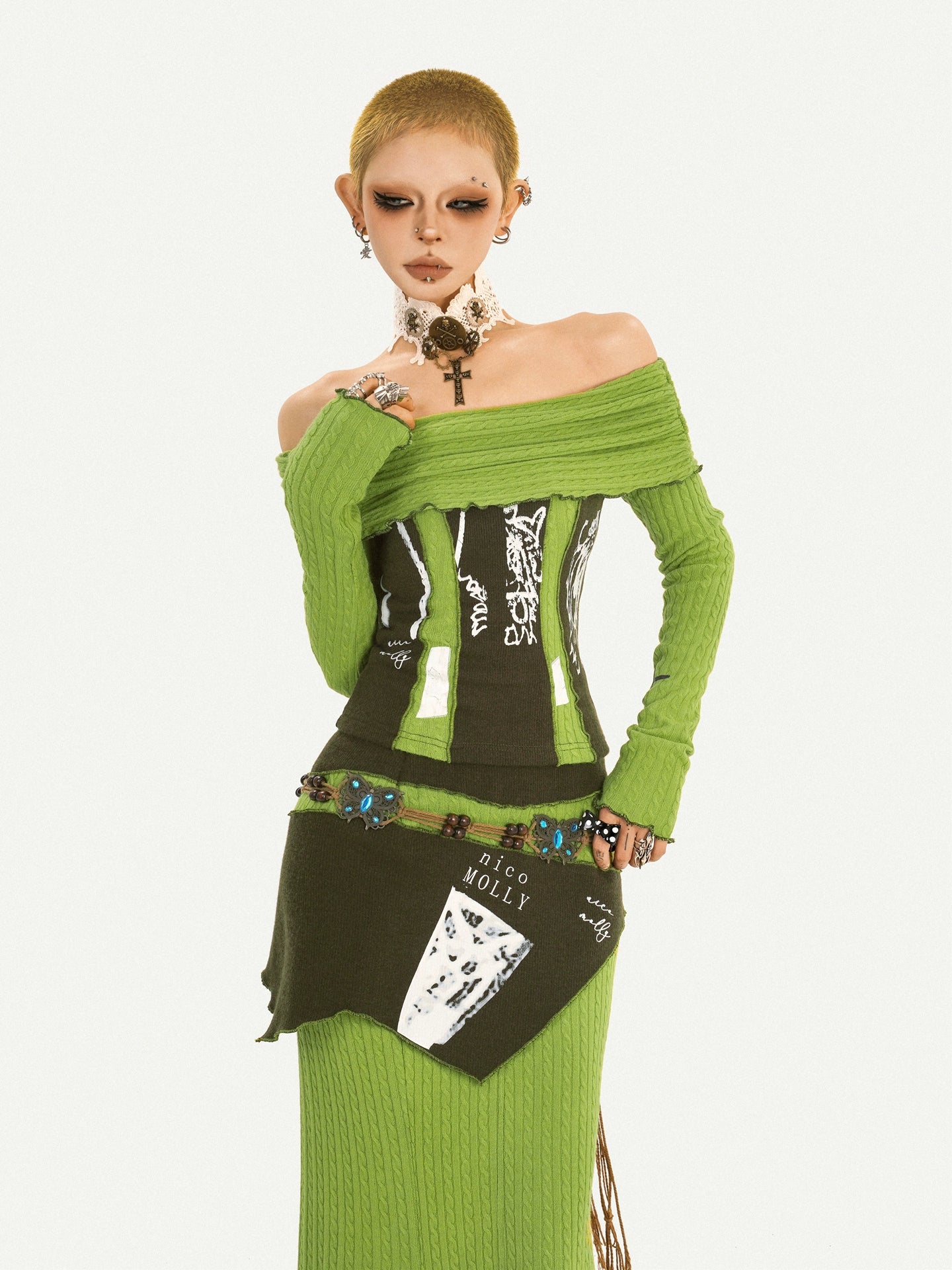 Avant-Garde Olive Off-Shoulder Fitted Split Long Dress Two-Piece Set