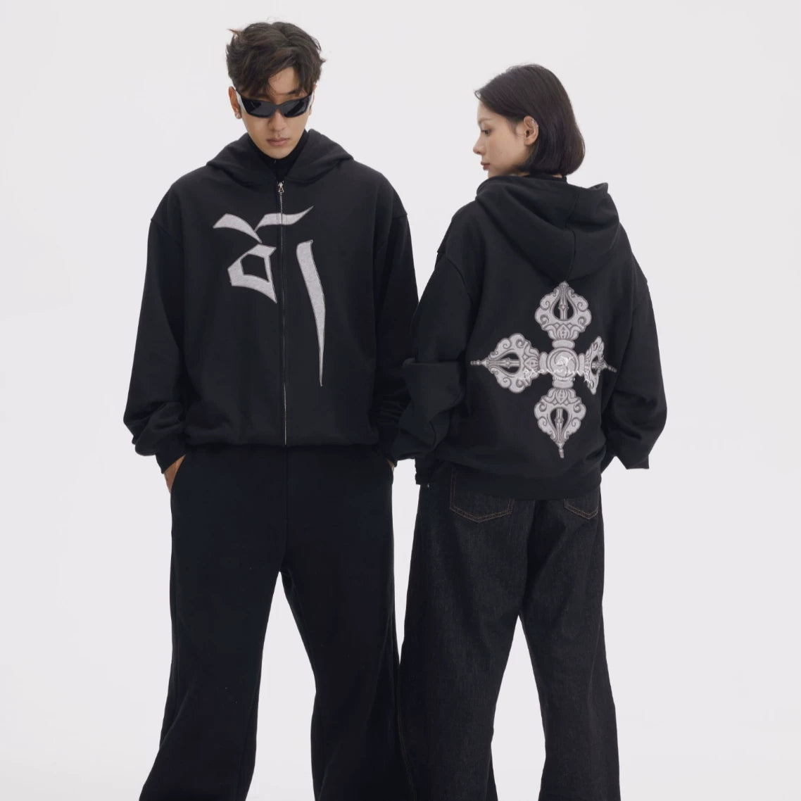 Sanhoostudio hooded sweatshirt featuring Vajra-inspired design and relaxed oversized fit for unisex streetwear.