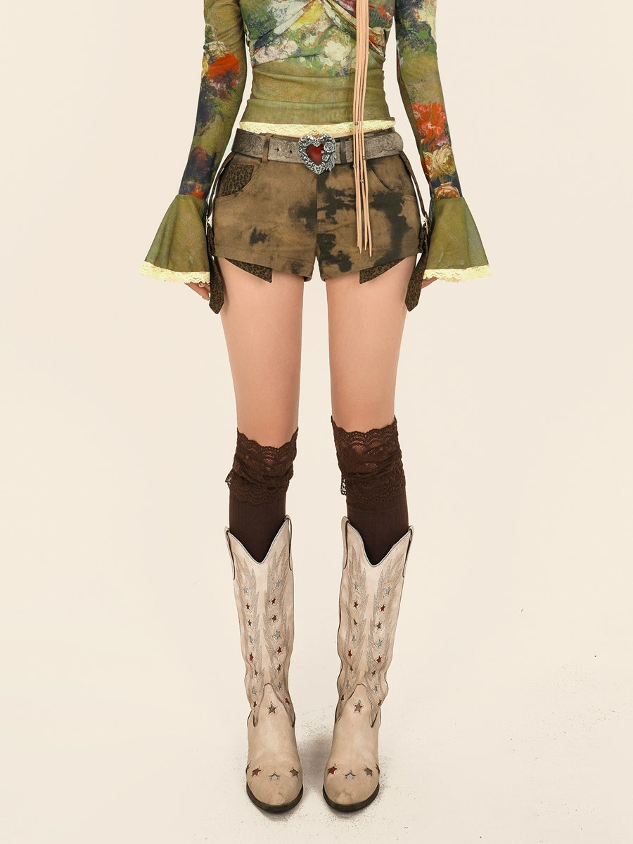 Punk Vintage Denim Shorts with Leopard Print Design