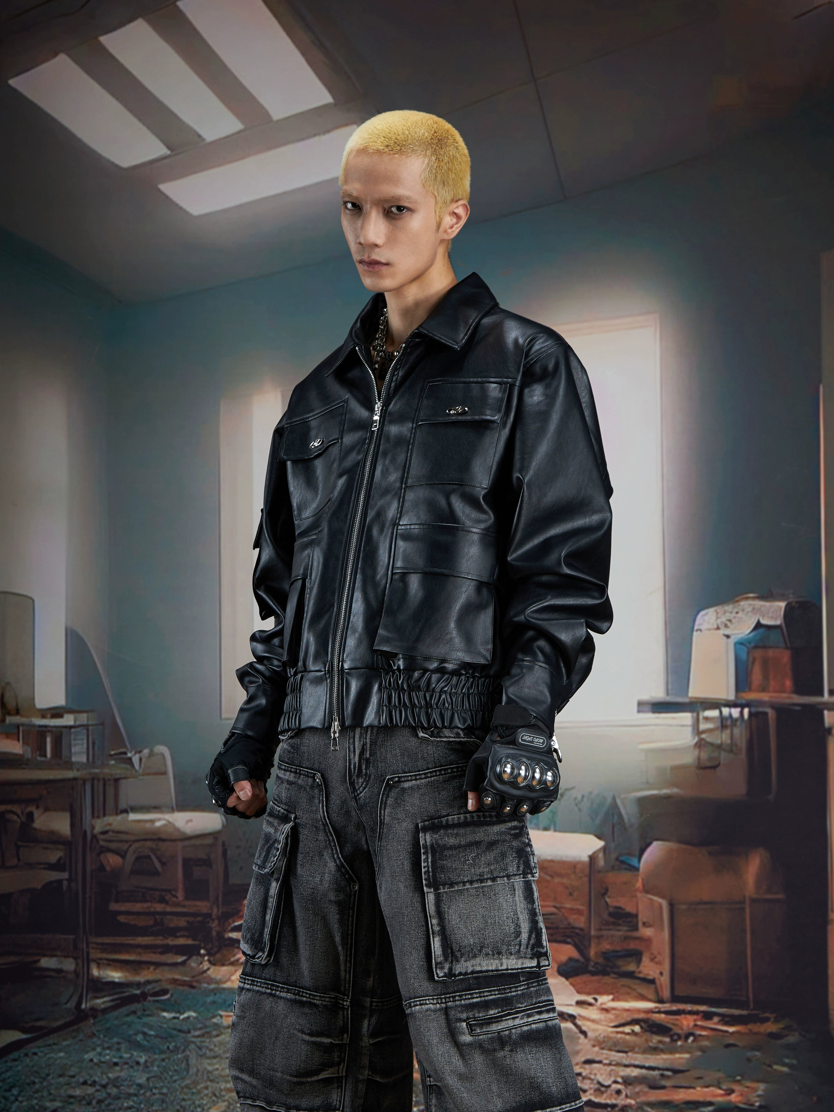 Metal-Detail Short Leather Jacket with Multi-Pocket Design