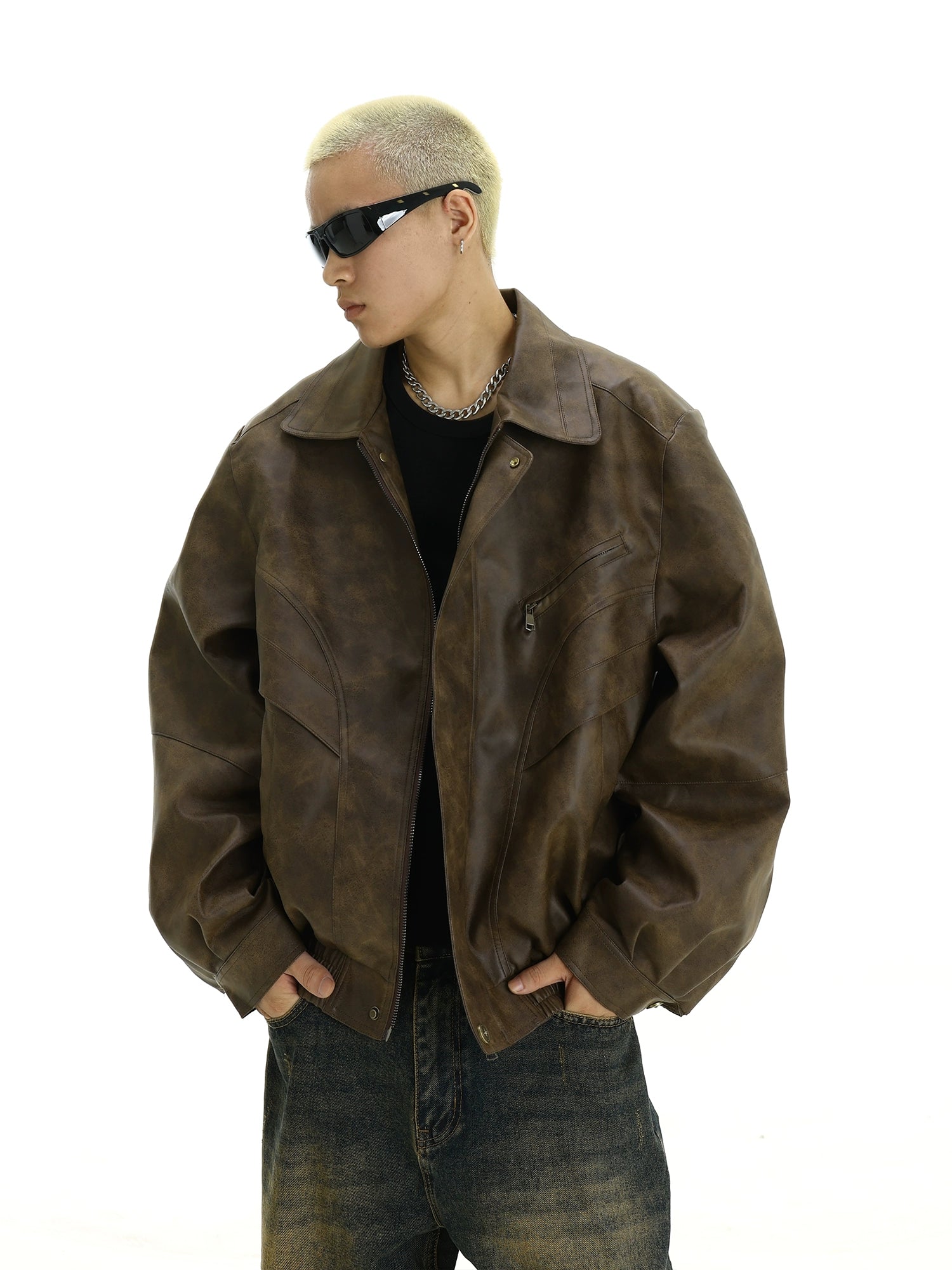Vintage Brown Distressed Leather Jacket with Turn-Down Collar