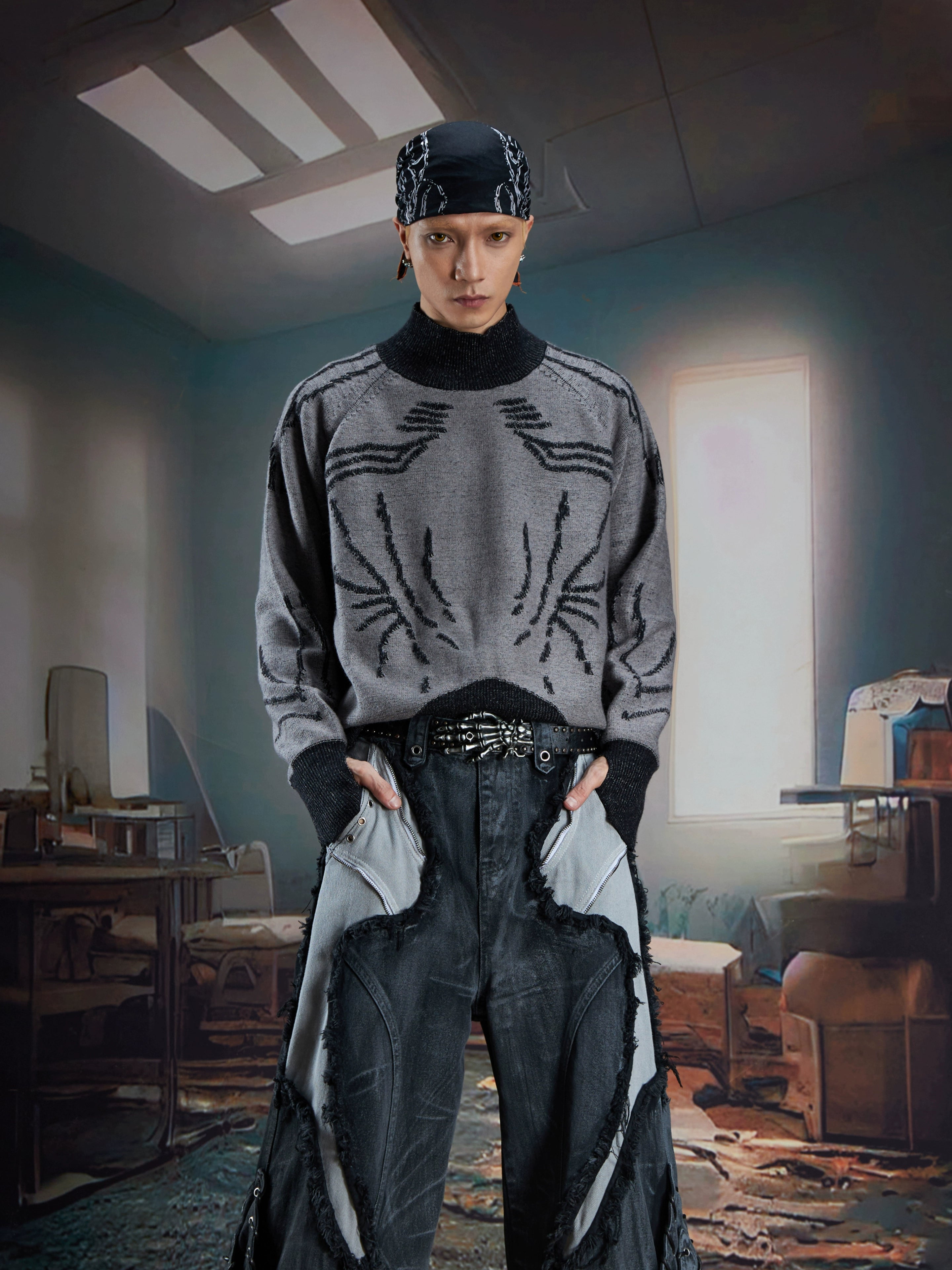 Futuristic Turtleneck Knit Sweater with Ninja Sleeve Design