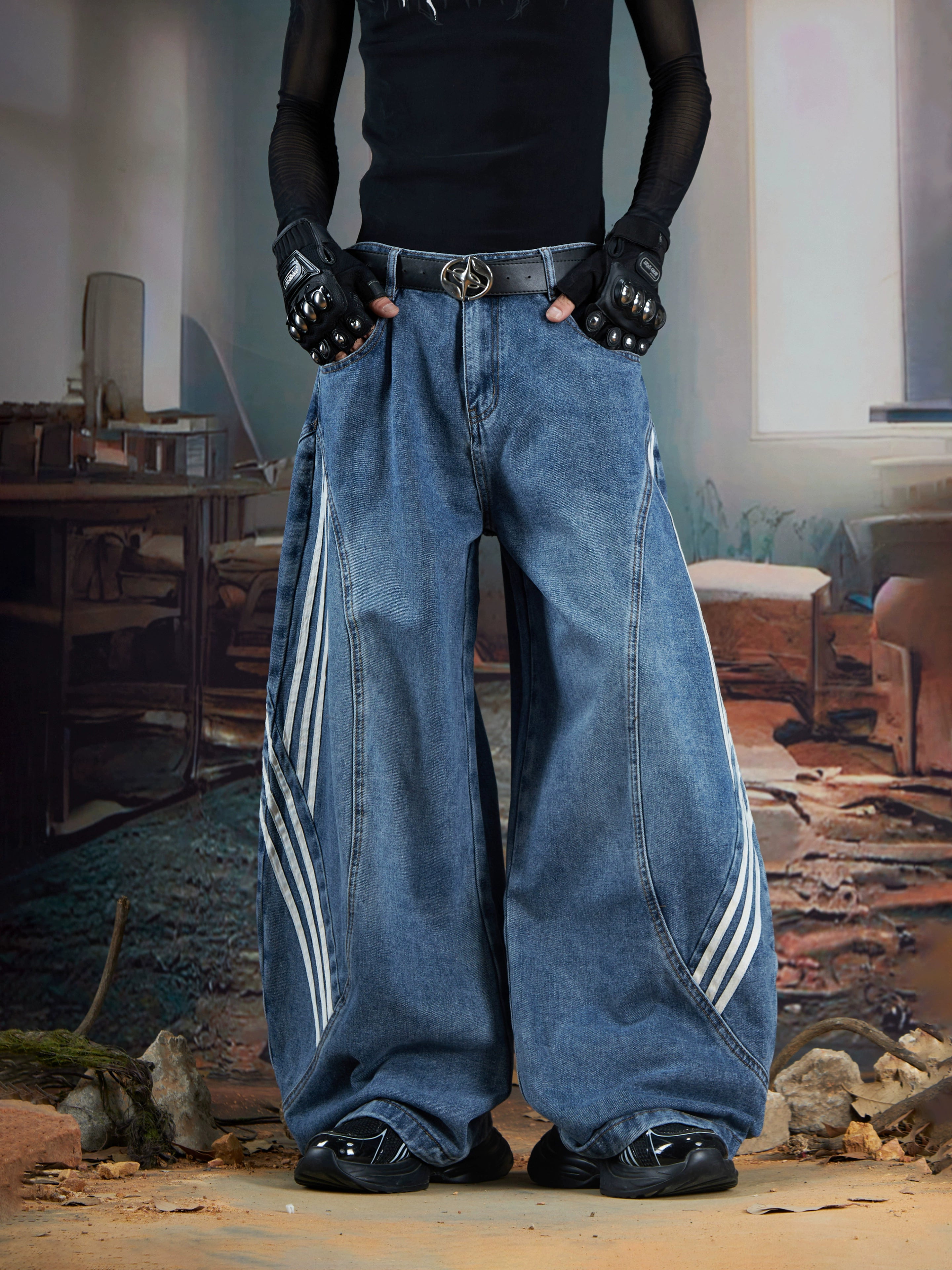 Three-Stripe Deconstructed Wide-Leg Denim Streetwear Pants