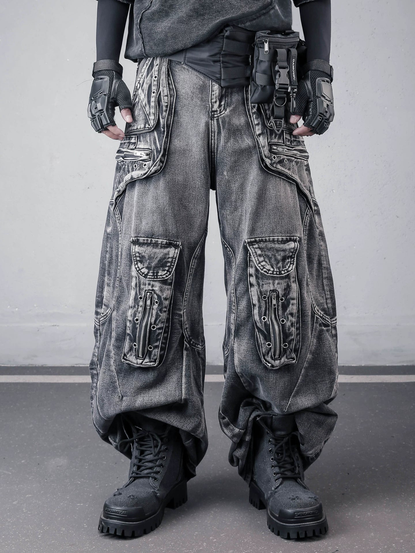 Sanhoostudio denim cargo pants featuring deconstructed design, multi-pocket construction, and scythe-cut wide leg silhouette. Built for functional streetwear styling with durability, comfort, and a strong urban utility look.