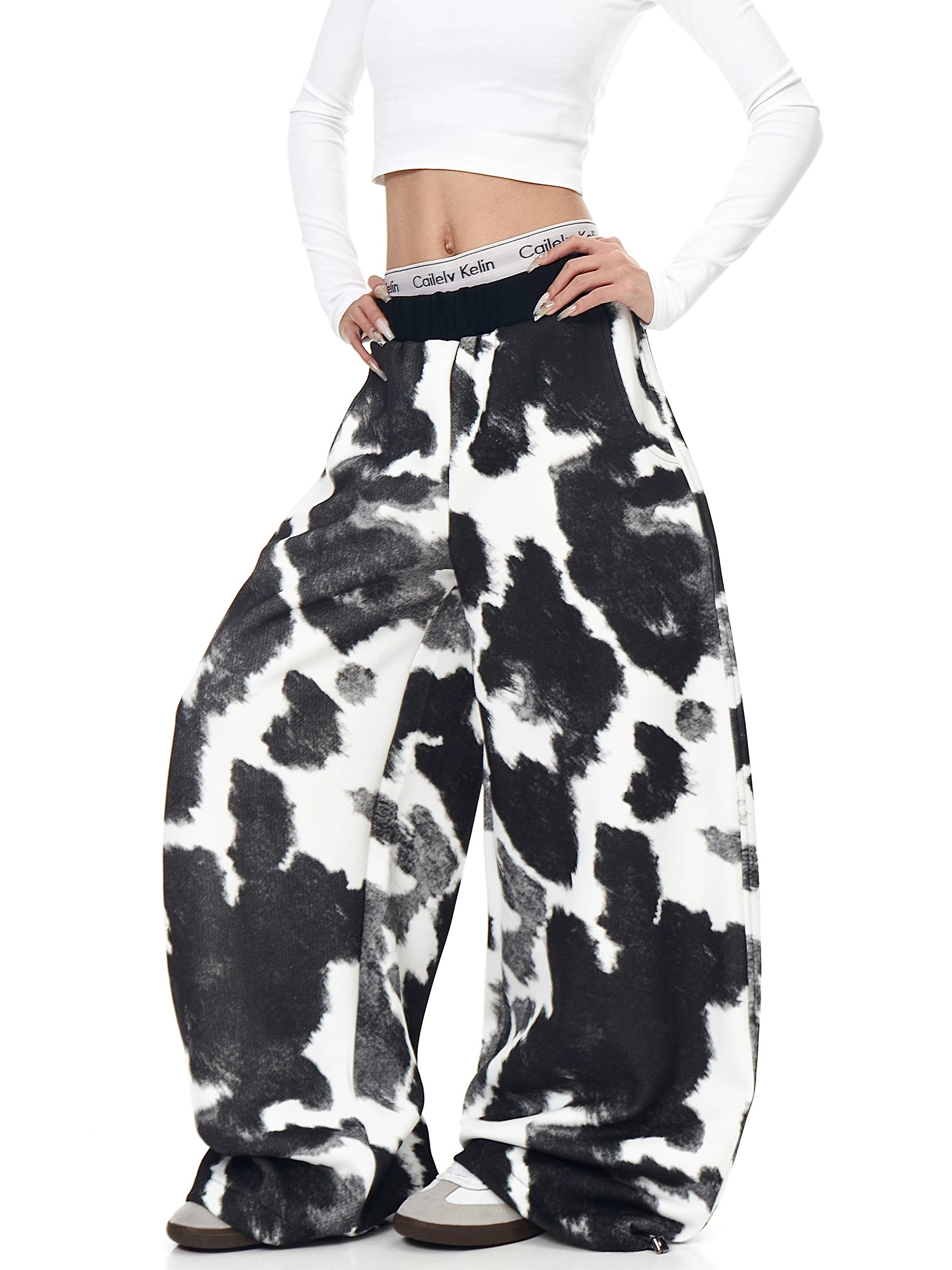 Cow Print Curved-Leg Sweatpants