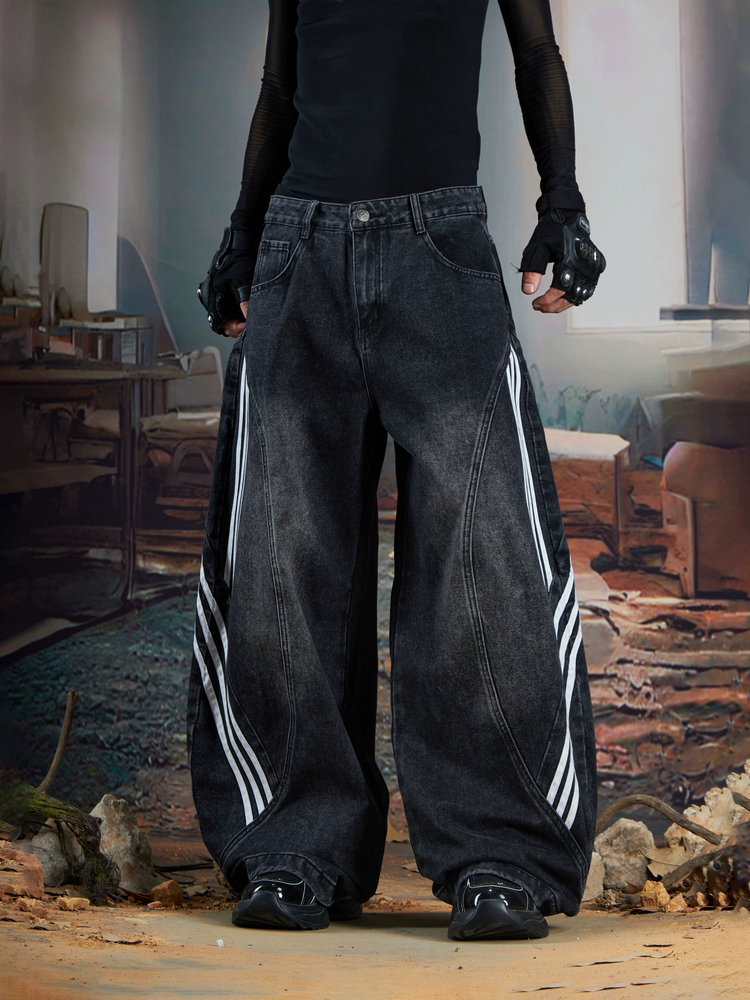 Three-Stripe Deconstructed Wide-Leg Denim Streetwear Pants