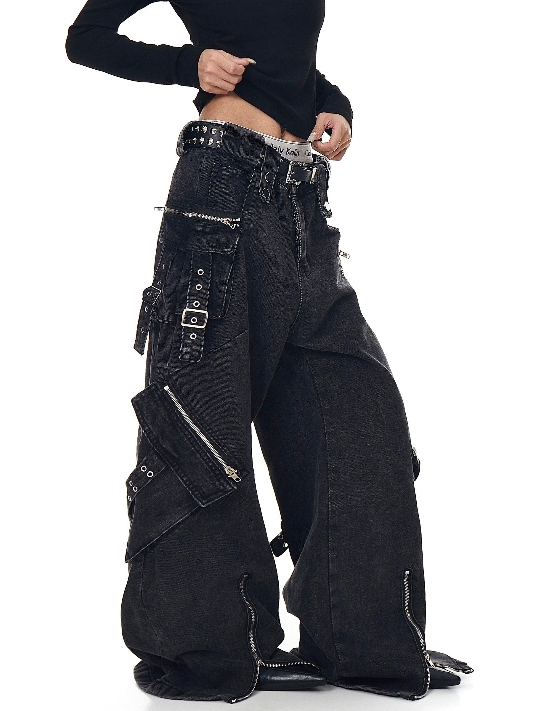 Washed Multi-Pocket Punk Cargo Denim Pants