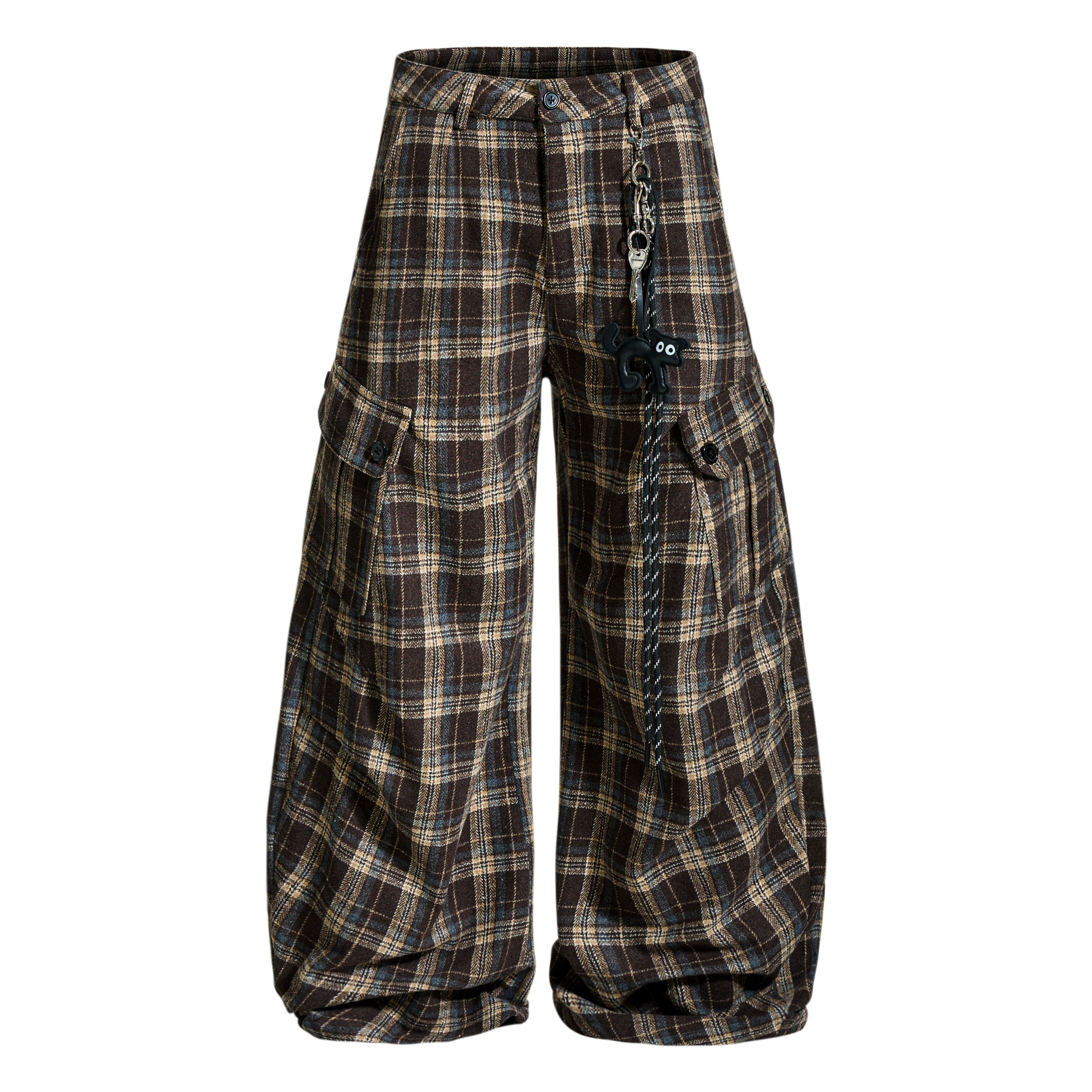 Retro Plaid Wide-Leg Cargo Pants with Multi-Pocket Design
