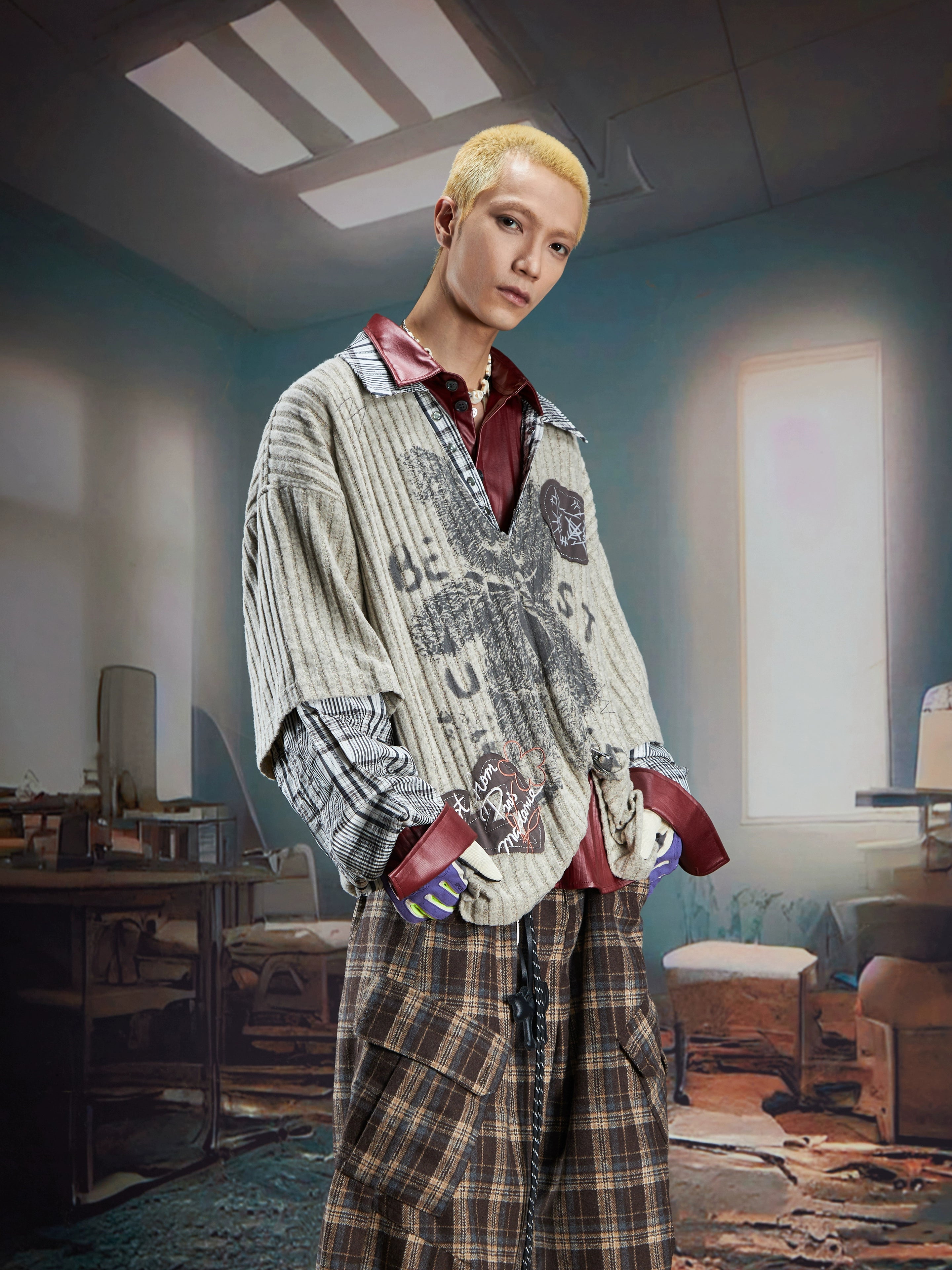 Layered V-Neck Long Sleeve Shirt-Collar Loose Fit Sweatshirt