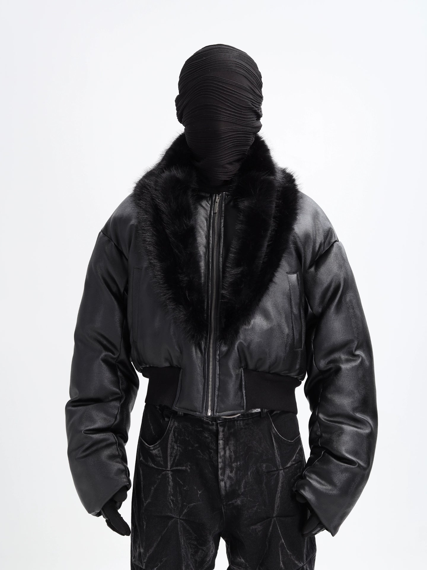 Faux-Fur Collar Leather Puffer Jacket