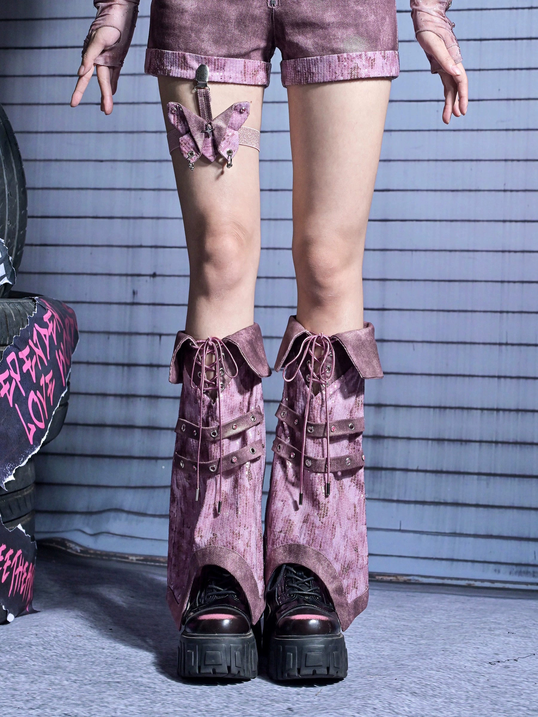 Sanhoostudio Sequin Denim Leg & Boot Covers made from 100% polyester feature Y2K punk style with studded and sequin accents. Perfect for streetwear, festivals, and summer casual outfits.