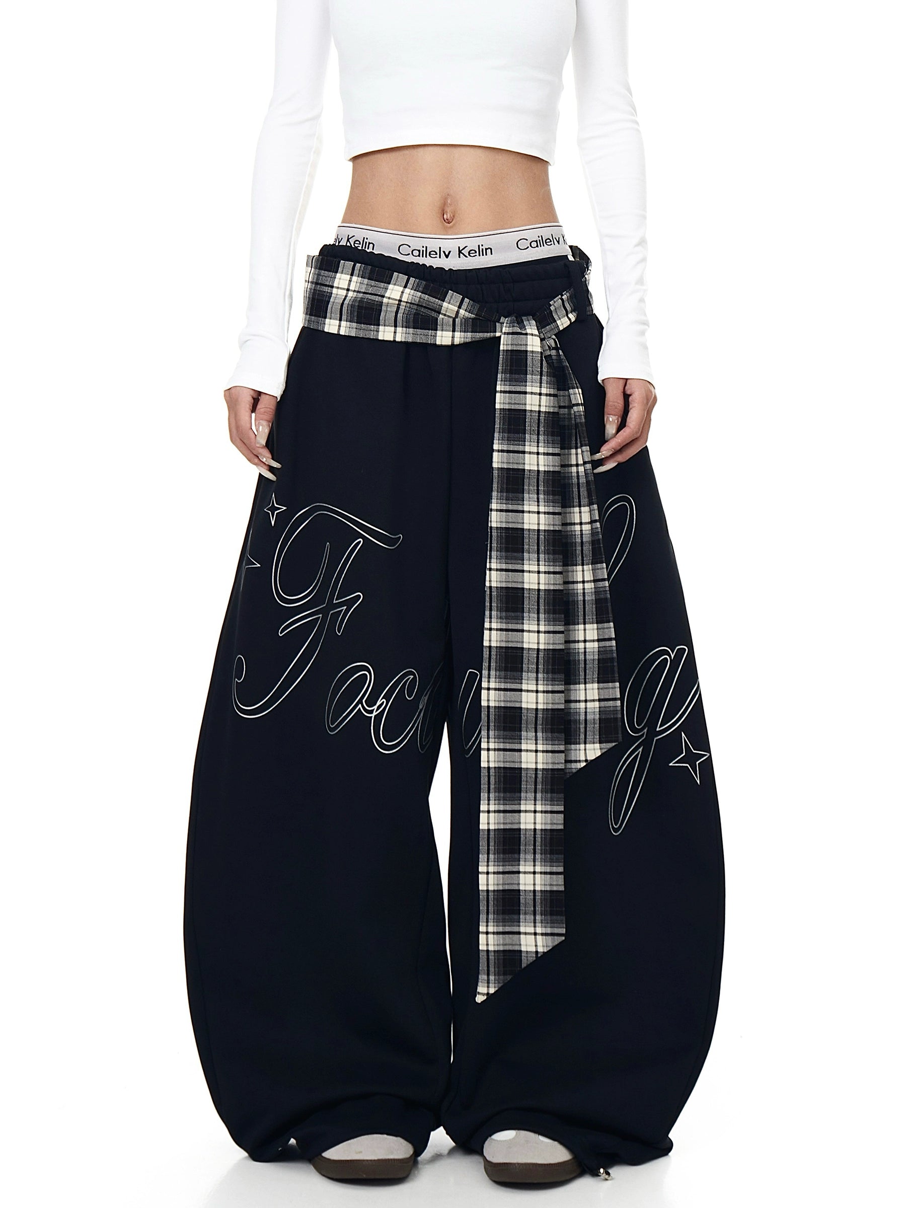 Plaid Lace-Up Letter Print Curved Sweatpants