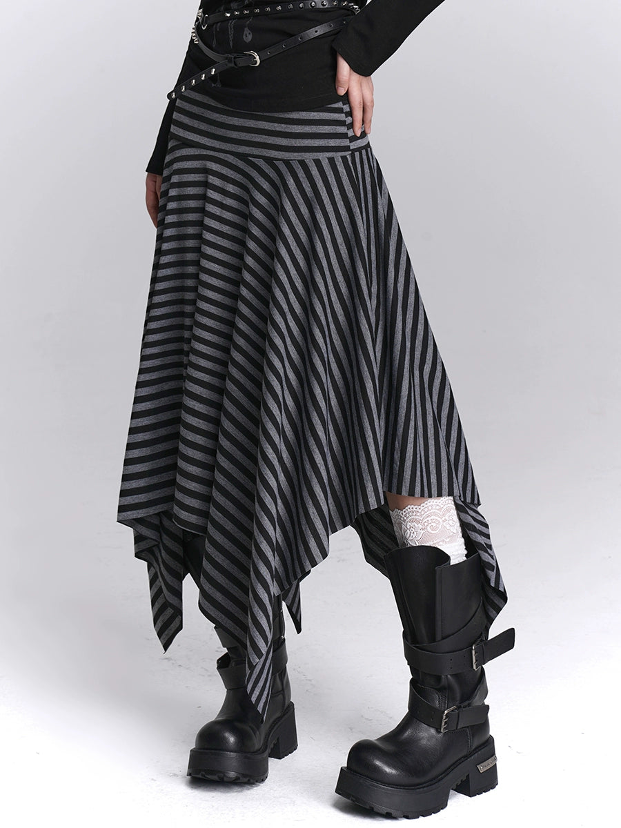 Black and Grey Striped Irregular Hem Midi Skirt