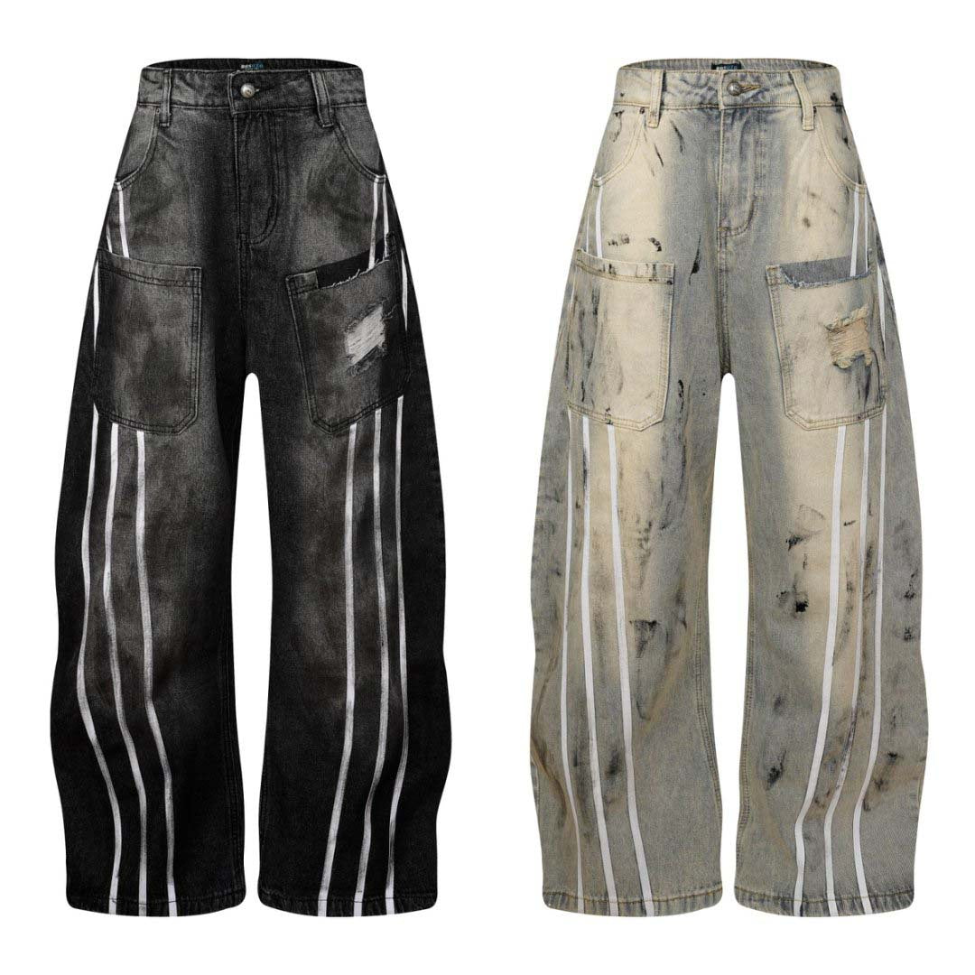 These dirty-dyed washed jeans feature bold stripe accents, multiple utility pockets, and a vintage worn-in finish. With a loose, streetwear-inspired fit, they’re perfect for creating a rugged, edgy look. Ideal for urban and grunge fashion lovers.