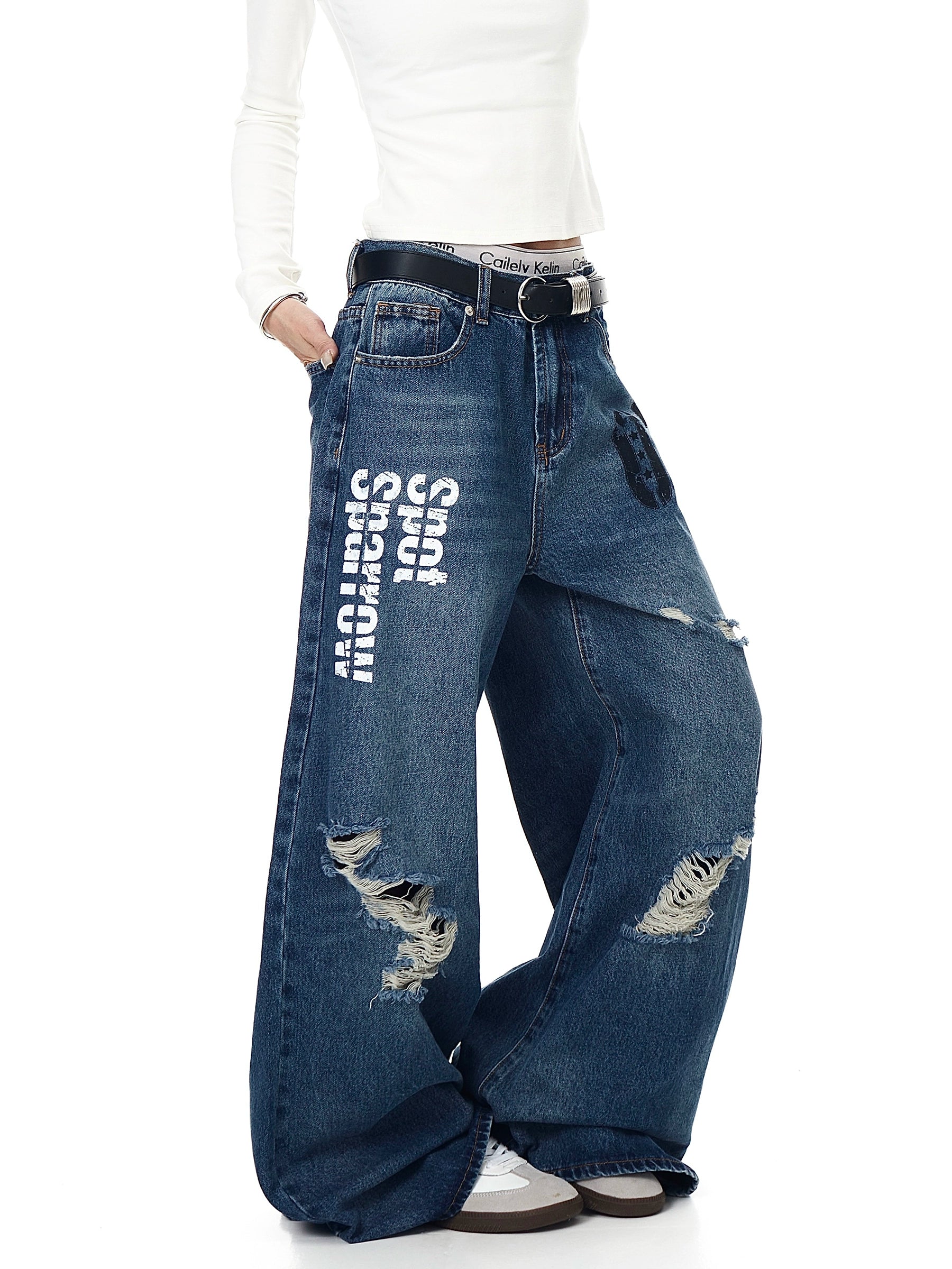 Distressed Letter Print Ripped Flare Denim Jeans