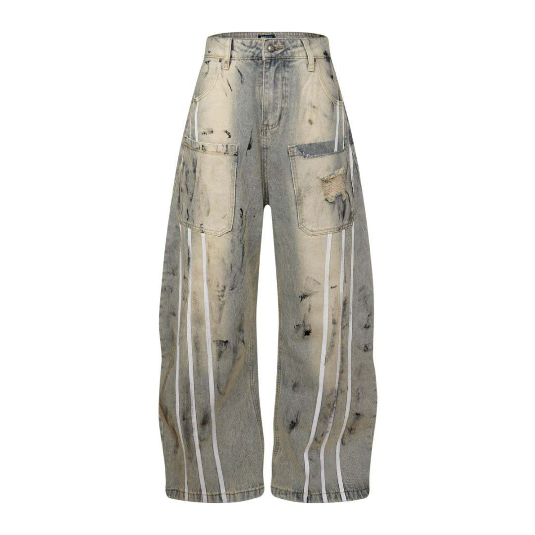 These dirty-dyed washed jeans feature bold stripe accents, multiple utility pockets, and a vintage worn-in finish. With a loose, streetwear-inspired fit, they’re perfect for creating a rugged, edgy look. Ideal for urban and grunge fashion lovers.