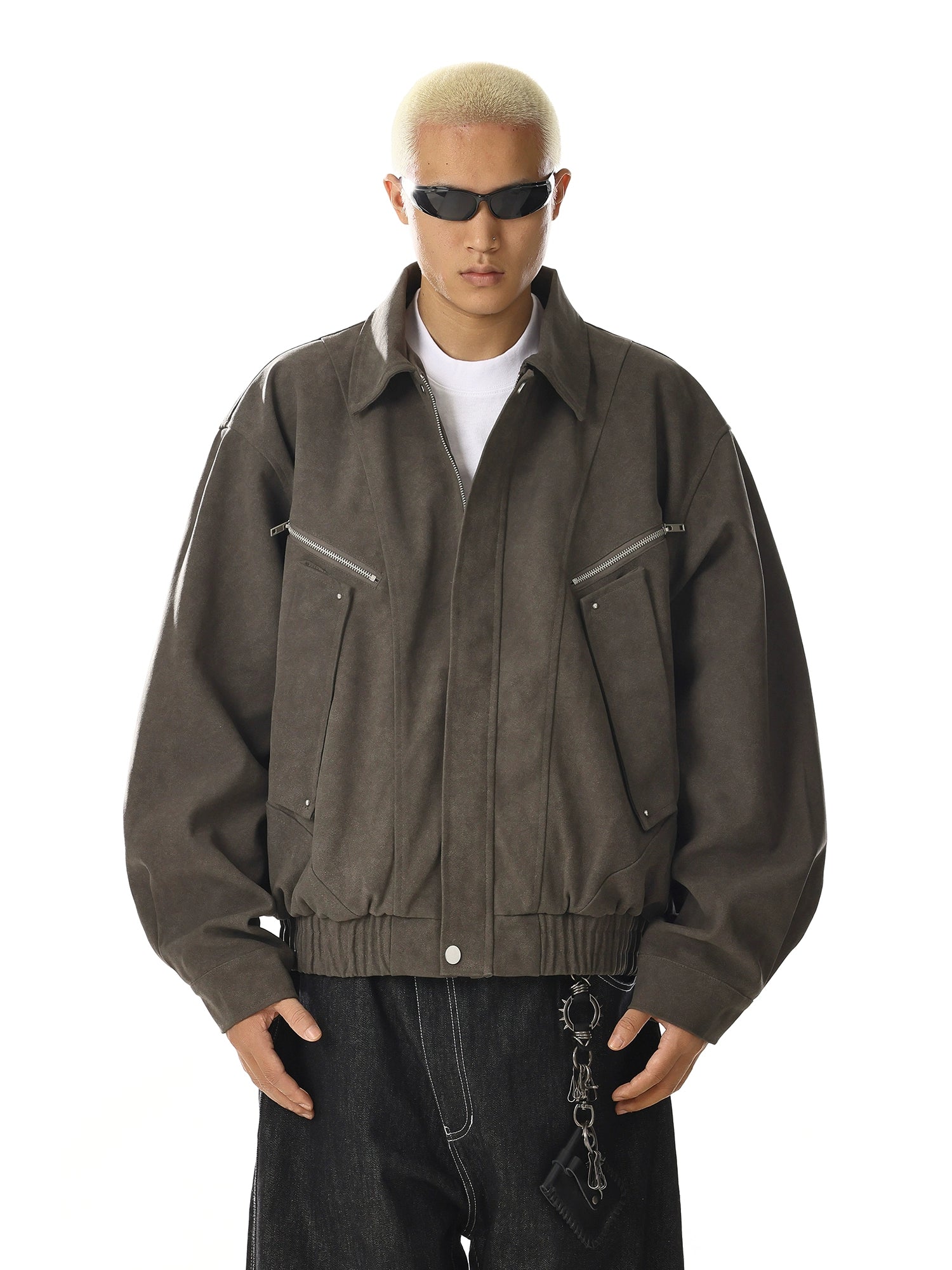 Vintage Leather Utility Jacket with Multi-Pocket Streetwear Style