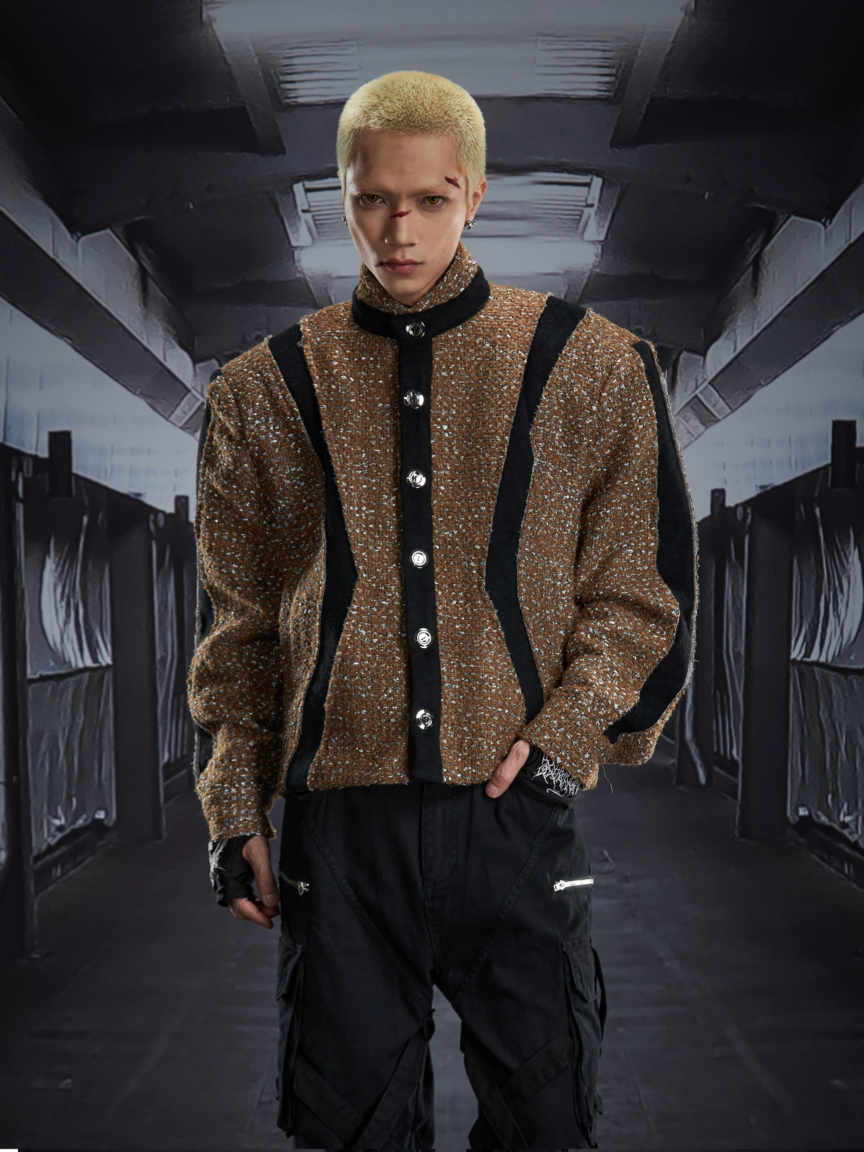 A standout star-cut deconstructed jacket with a structured stand collar and insulated padded body. A winter statement piece designed by Sanhoostudio for elevated street style.