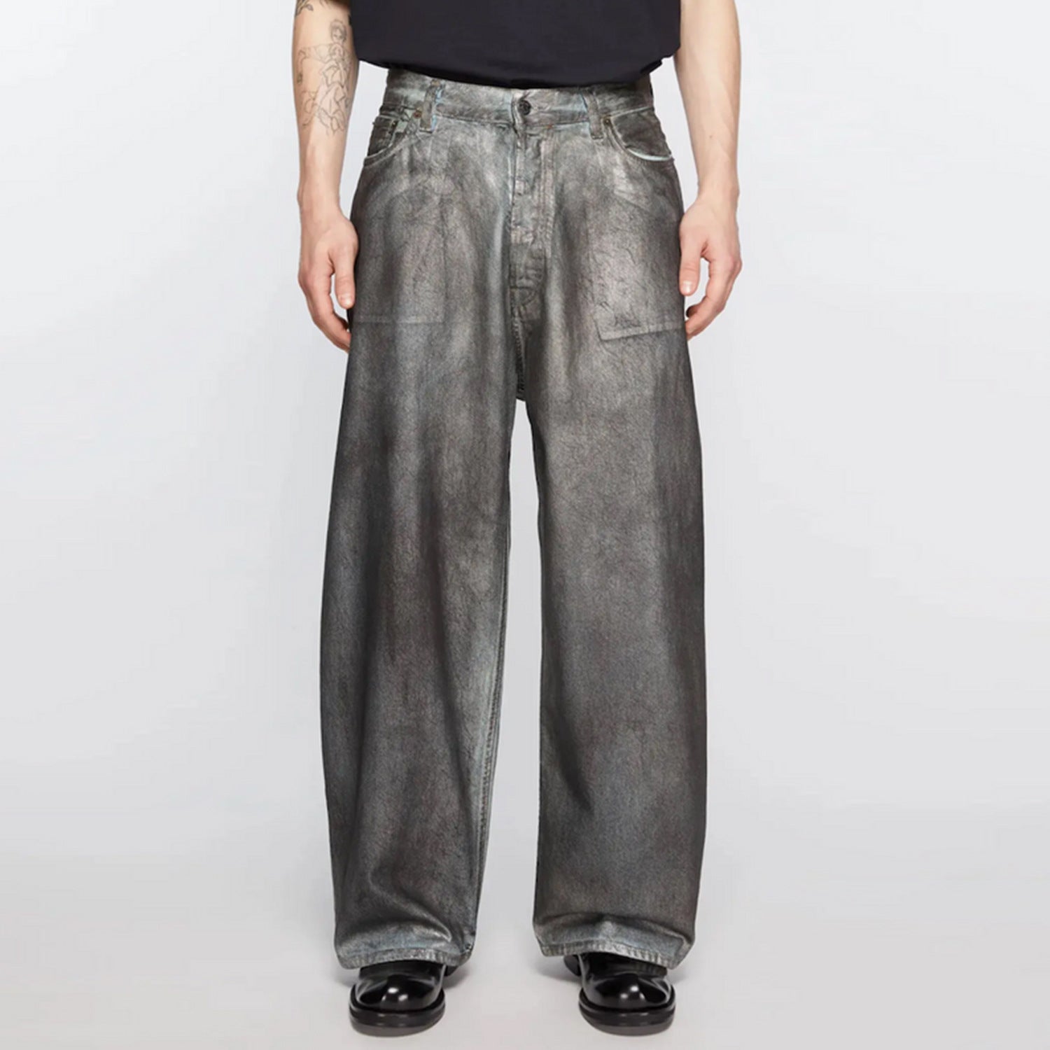 Shop the Coated Distressed Washed Denim Jeans at sanhoostudio. Featuring a unique coated finish, vintage distressed details, and soft washed denim fabric for ultimate comfort and style. Perfect for streetwear lovers seeking edgy, timeless denim.