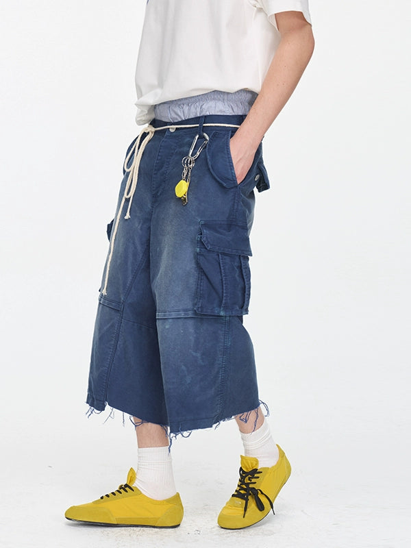【25s Sep.】Washed Distressed Mole-Skin Cropped Cargo Pants