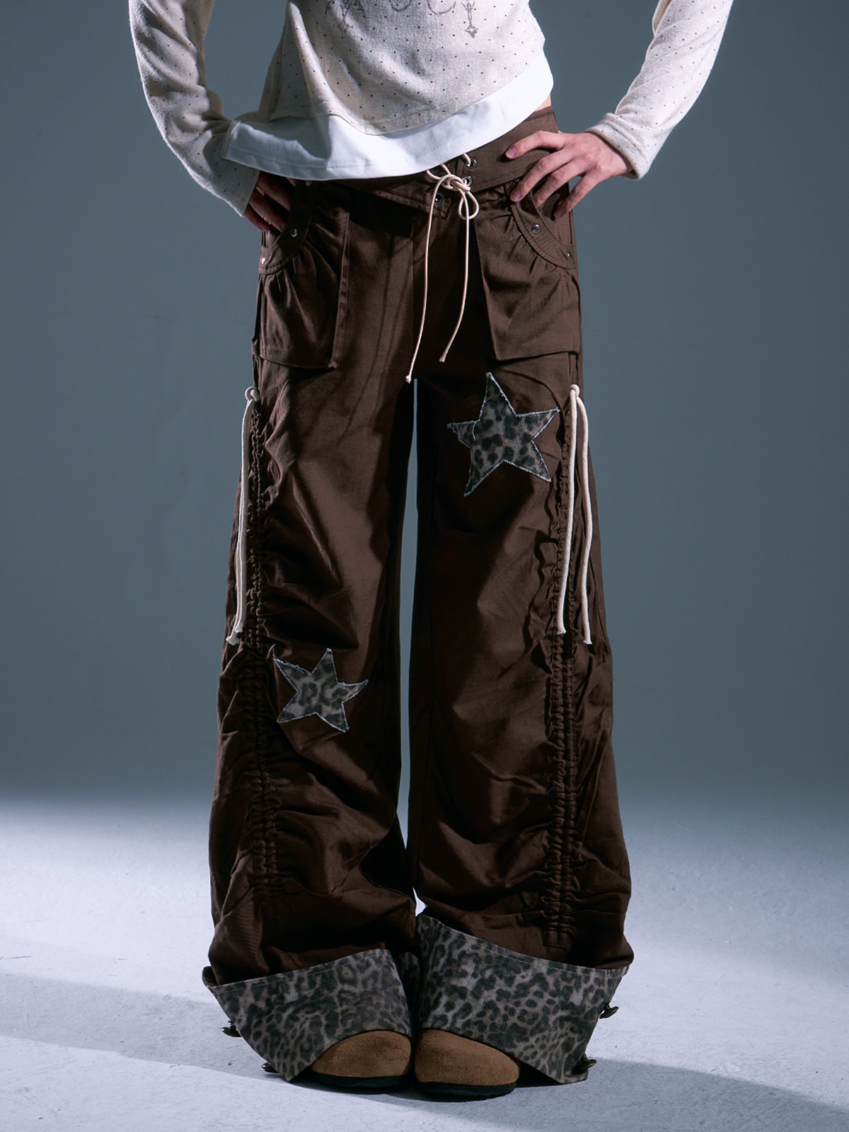 Y2K Leopard Star Drawstring Wide Leg Pants
