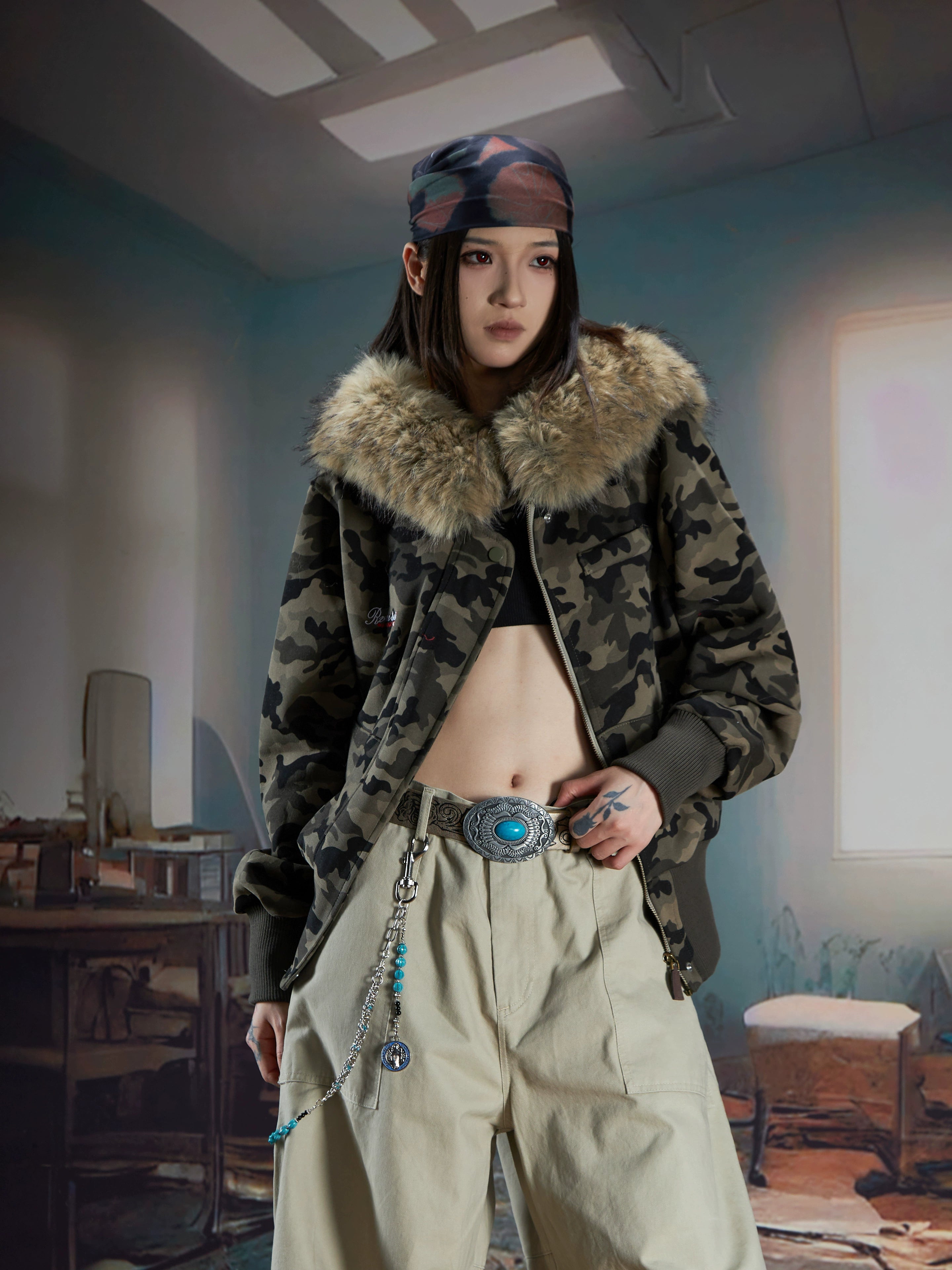Furry Hooded Camo Short Jacket with Ribbed Hem