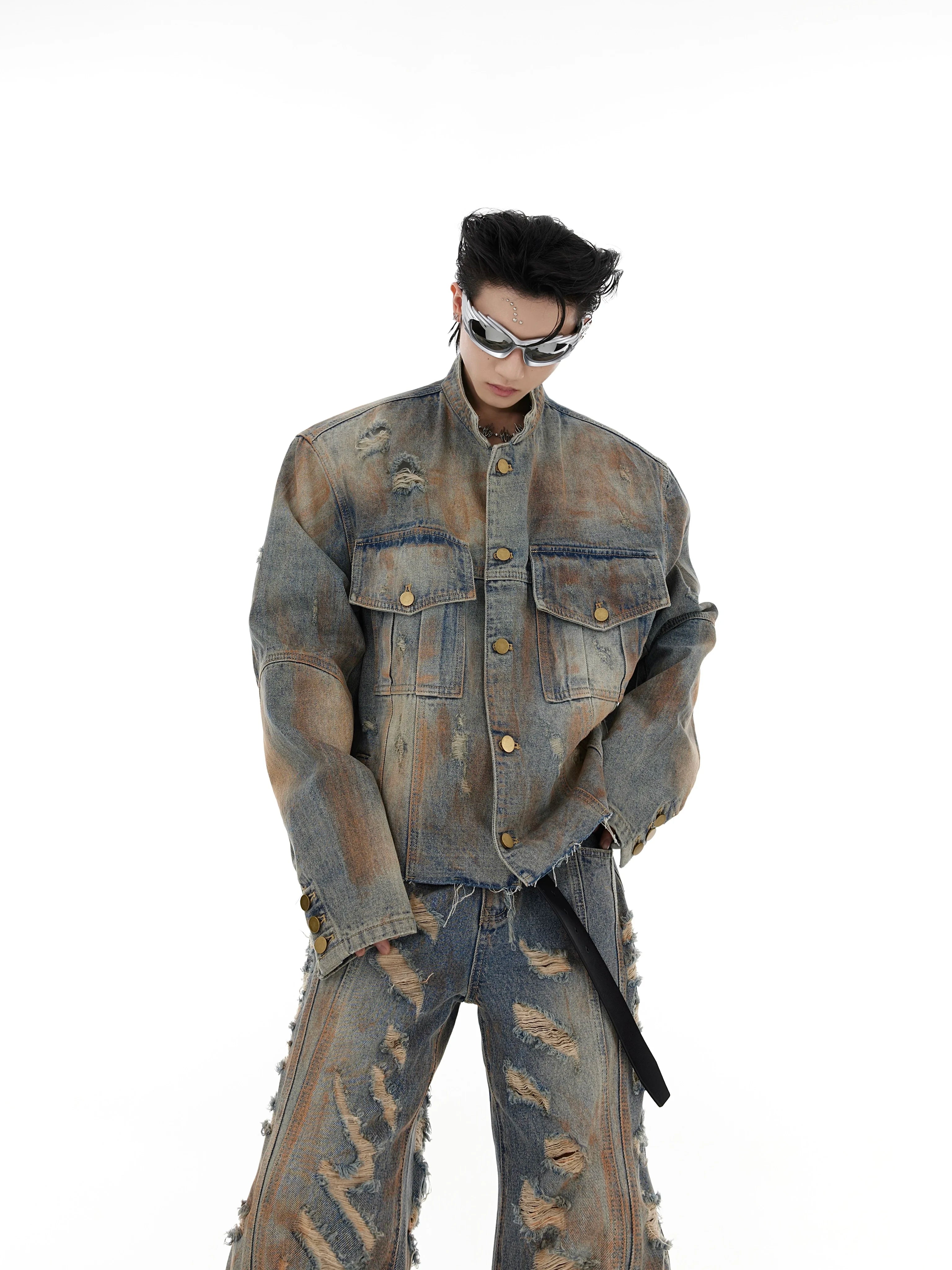 Sanhoostudio denim set featuring a distressed jacket and flared jeans. Designed with a vintage wasteland aesthetic and heavyweight washed finish.