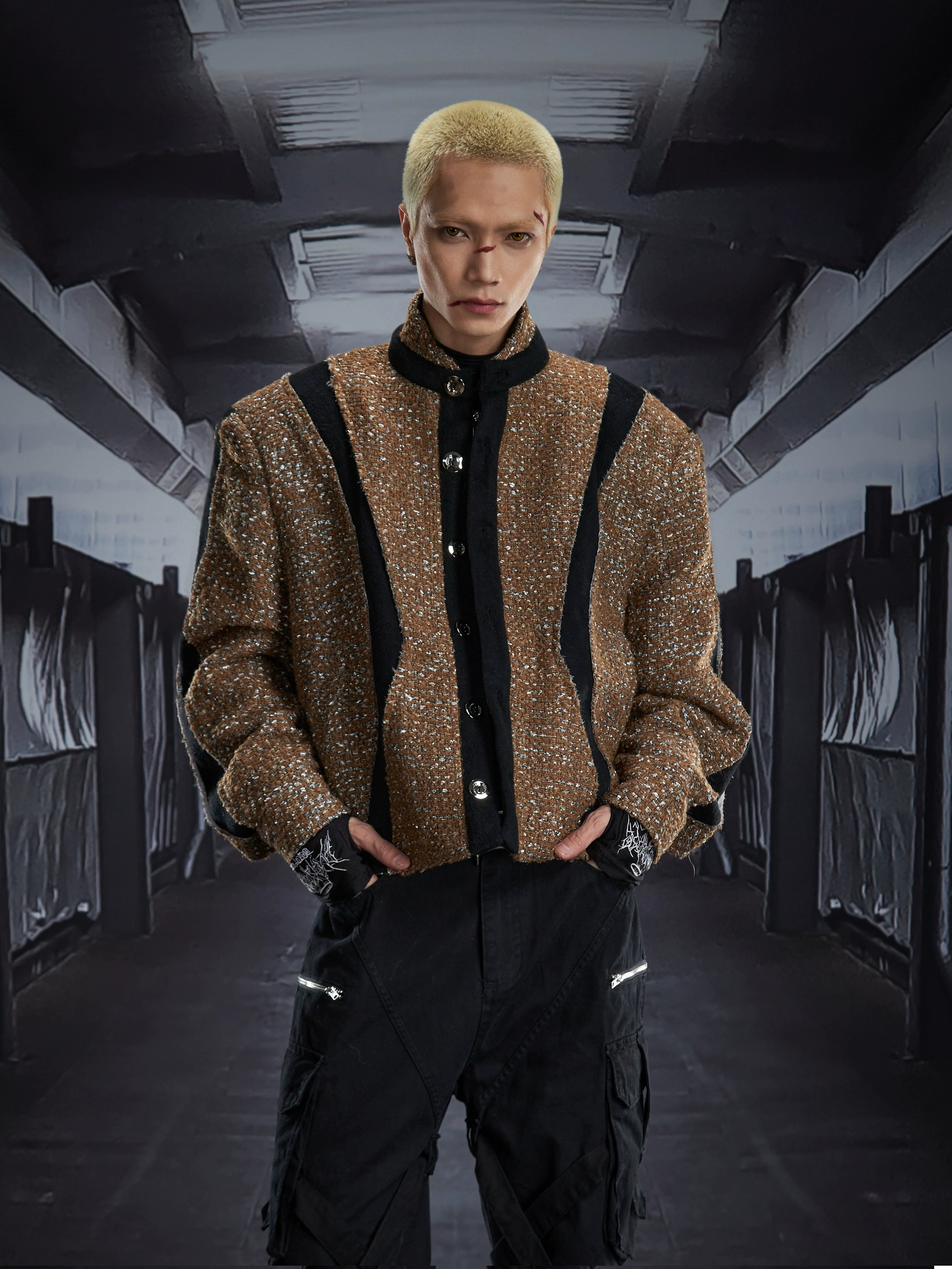 A standout star-cut deconstructed jacket with a structured stand collar and insulated padded body. A winter statement piece designed by Sanhoostudio for elevated street style.