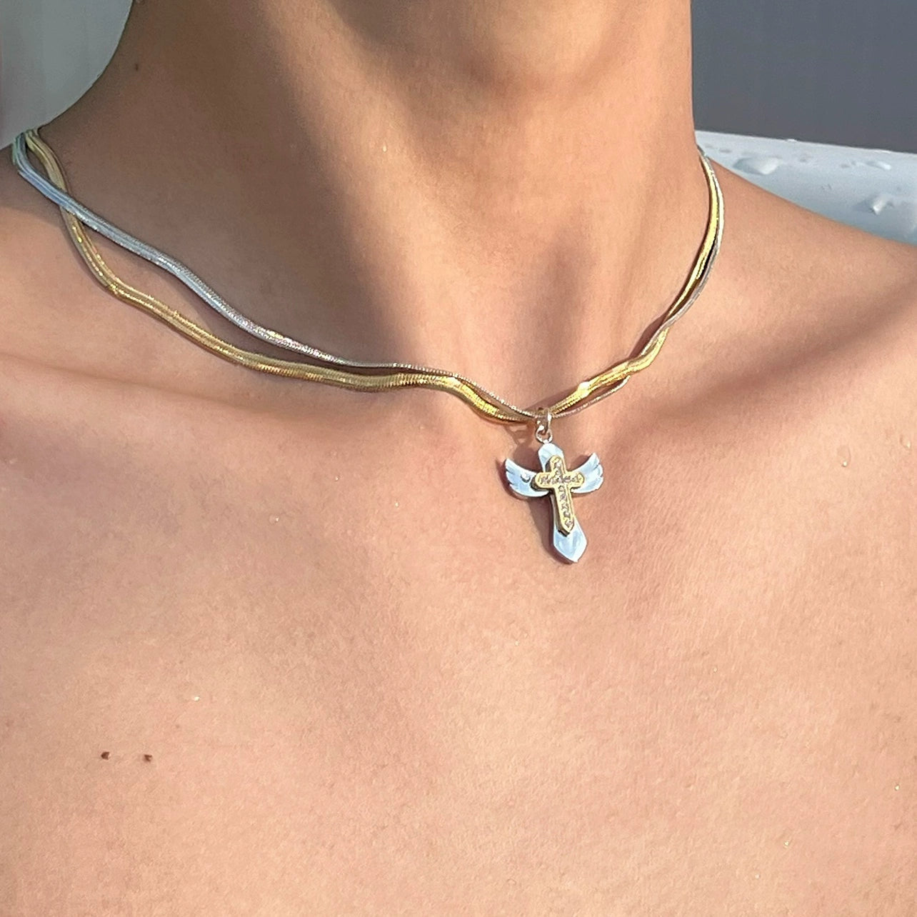 Gold-Plated Double Cross Titanium Necklace